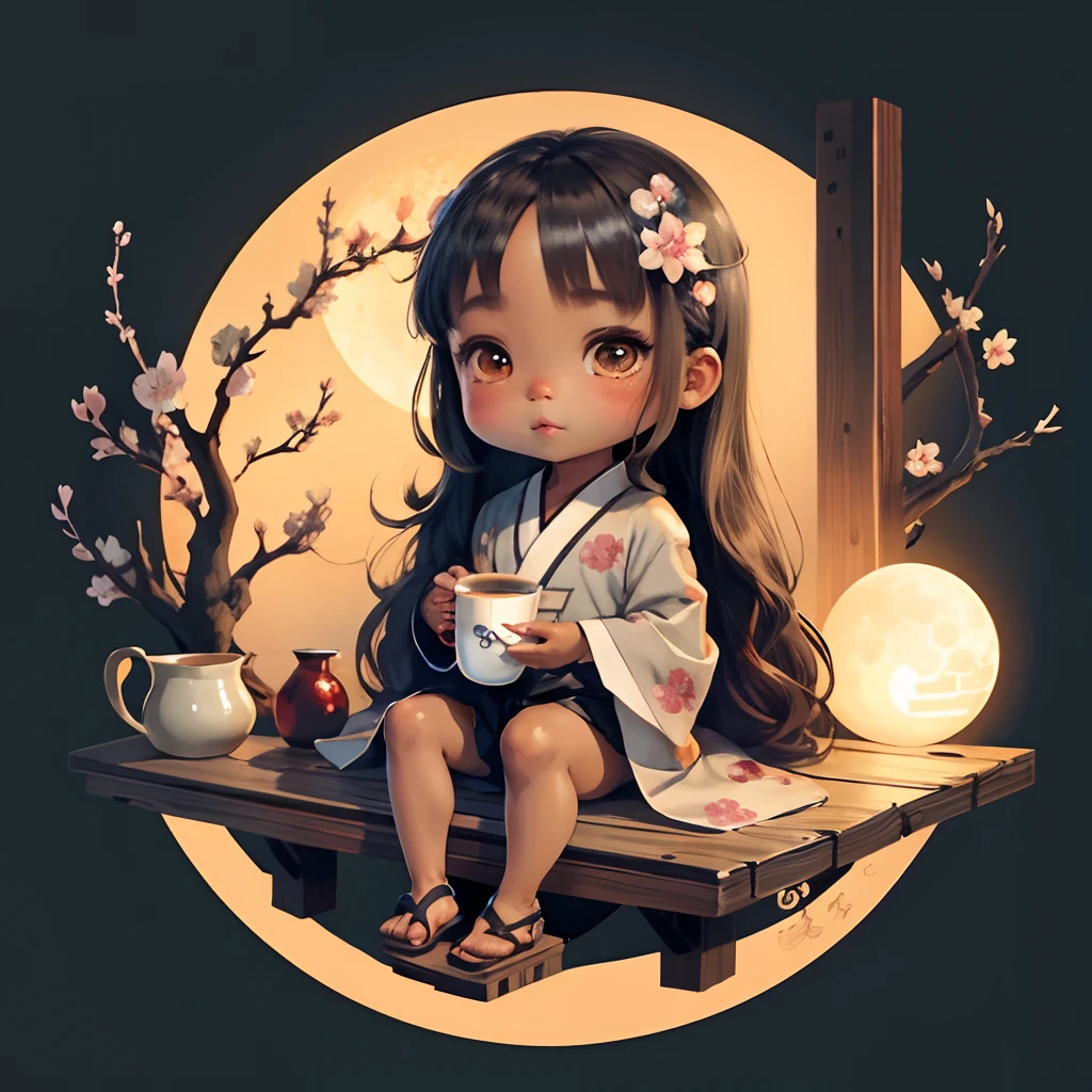 Cute brown skinned  chibi anime, grey kimono, drink tea, straight long black hair, in a frame, drink hot tea, cherry blossom, logo, black thick platform sandals, circle frame background, moon, freckles on face,