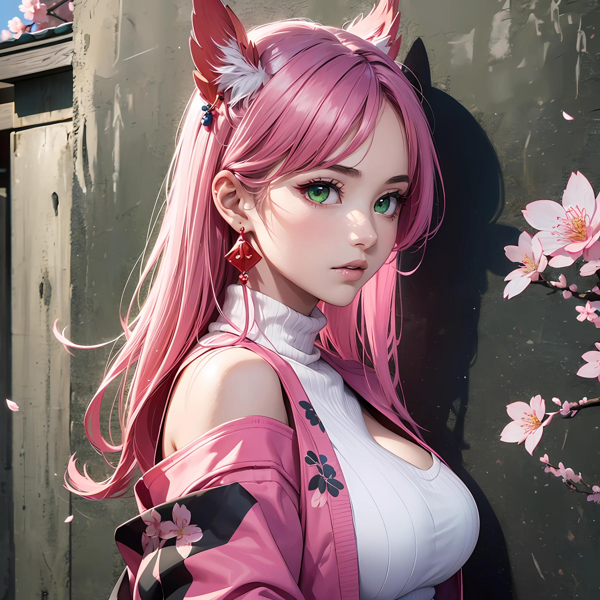 (Masterpiece, Excellent, 1girl, solo, complex details, color difference), realism, ((medium breath)), off-the-shoulders, big breasts, sexy, Yae Miko, long pink hair, red headdress, red highlight, hair above one eye, green eyes, earrings, sharp eyes, perfectly symmetrical figure, choker, neon shirt, open jacket, turtleneck sweater, against the wall, brick wall, graffiti, dim lighting, alley, looking at the audience, ((mean, seductive, charming)), ((cherry blossom background ))),((Japanese temple background)))), (((Glow-in-the-dark background))) --auto --s2