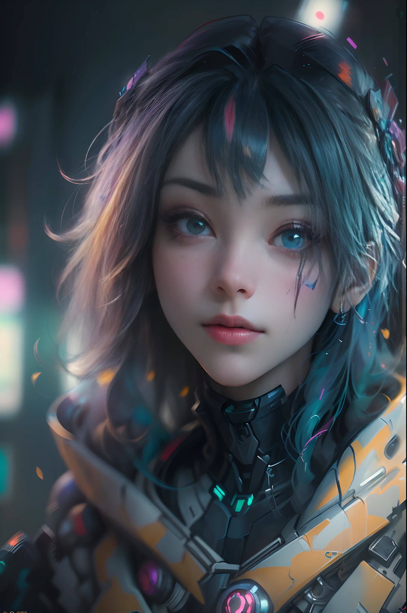 ((Best quality)), ((masterpiece)), (detailed:1.4), photograph of a beautiful cyberpunk female, (wearing smooth organic tech armor), (long shapeless multicolor hair), ((extreme close-up portrait)), (facing viewer), (Depth-of-field), Octane Render, (Cinematic lighting),Rule of thirds,8K RAW