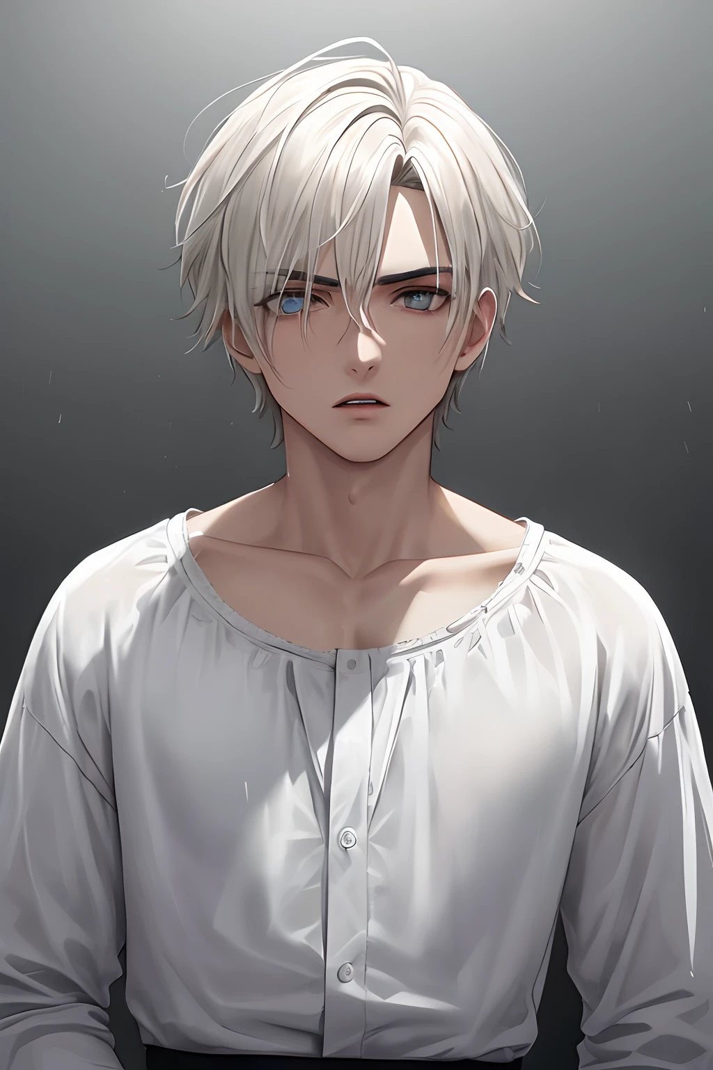 kk, mejor calidad, most detail, obra maestra, vampire boy, retrato, enfoque masculino, ojos blancos, solo, flequillo, mirando al espectador, pelo largo ondulado, lluvia, teatro abandonado),toenail polish, pelo blanco, lujoso, 8k, detallado, trazado de rayos, profundidad de campo, cinematography lighting,