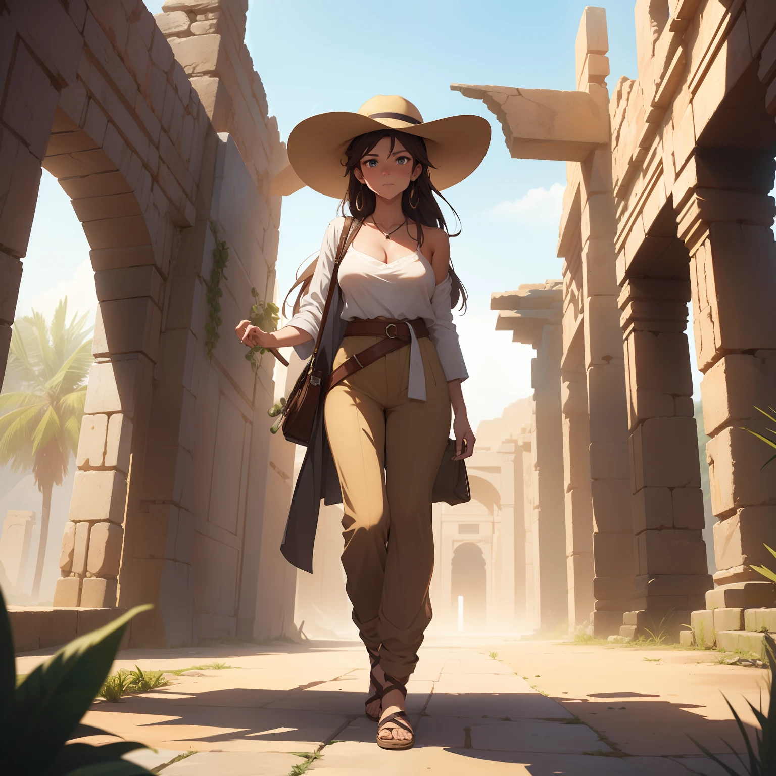 (masterpiece, best quality, 4k, photorealistic), ((wide shot, full body)), ((front view)), expressive eyes, perfect face, nice hands, 1 girl, earthy brown hair, large cleavage, long round legs, curvaceous body, booty, hairstyle: loose side braid over the shoulder, light tan tunic with desert-inspired patterns, sand-colored loose pants with ankle ties, brown leather sandals with straps, wide-brimmed sun hat, woven belts with pouches, accessories: beaded bracelets and a pendant with a desert gemstone, ((a background of ancient ruins or a forgotten temple could evoke a sense of adventure and mystery, highlighting the mercenary's exploratory nature)), extremely detailed Artgem, IG model, alena aenami and artgem, krenz cushart and artgem, artgem and atey ghailan