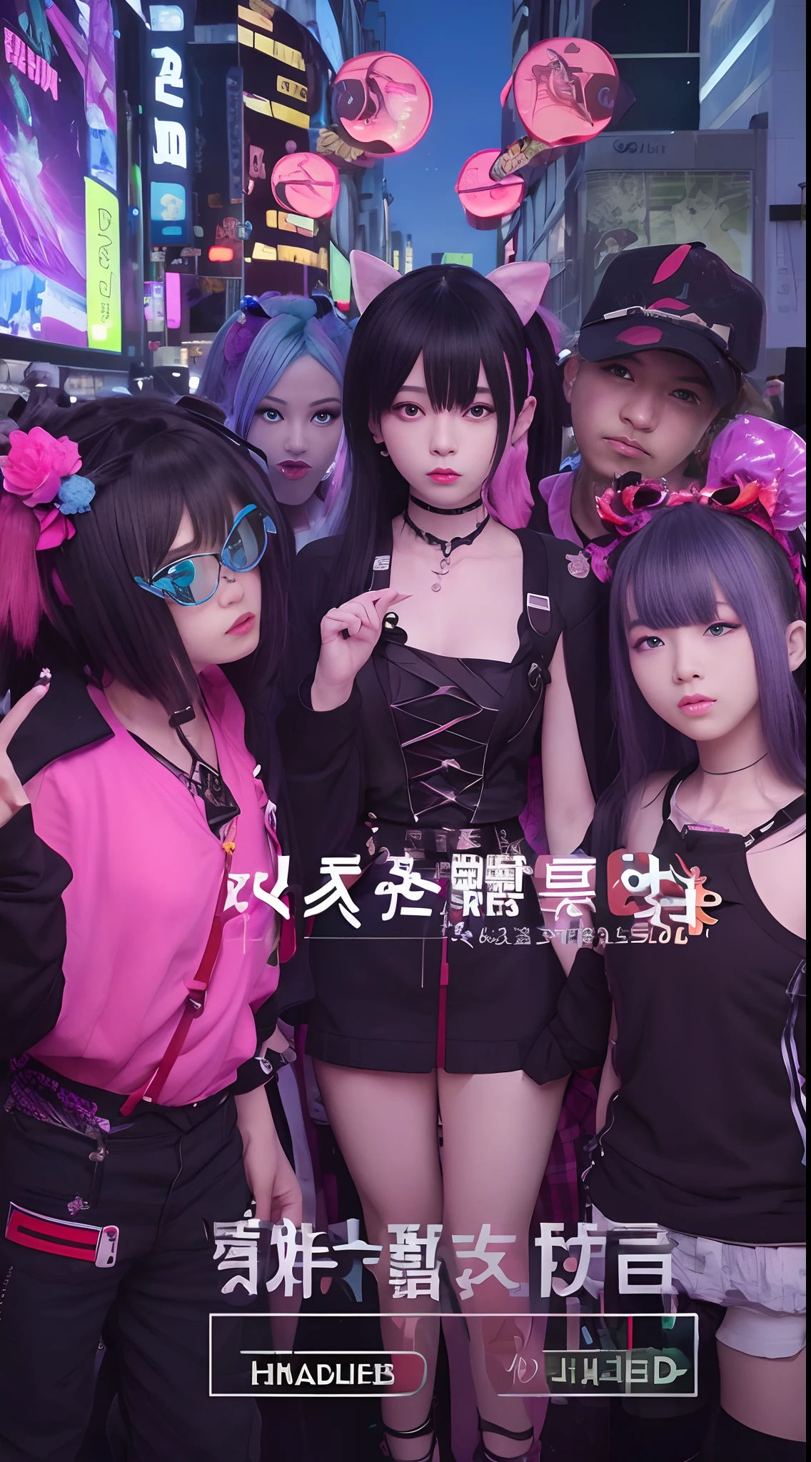 There are a lot of people lining up on the street,vrchat, anime styled 3d, lo fi, music video, inspired by Zou Zhe, from kingdom hearts, maximalist maximalism vaporwave, very very low quality picture, Group photo, kda, inspired by Gang Hui-an, goth family