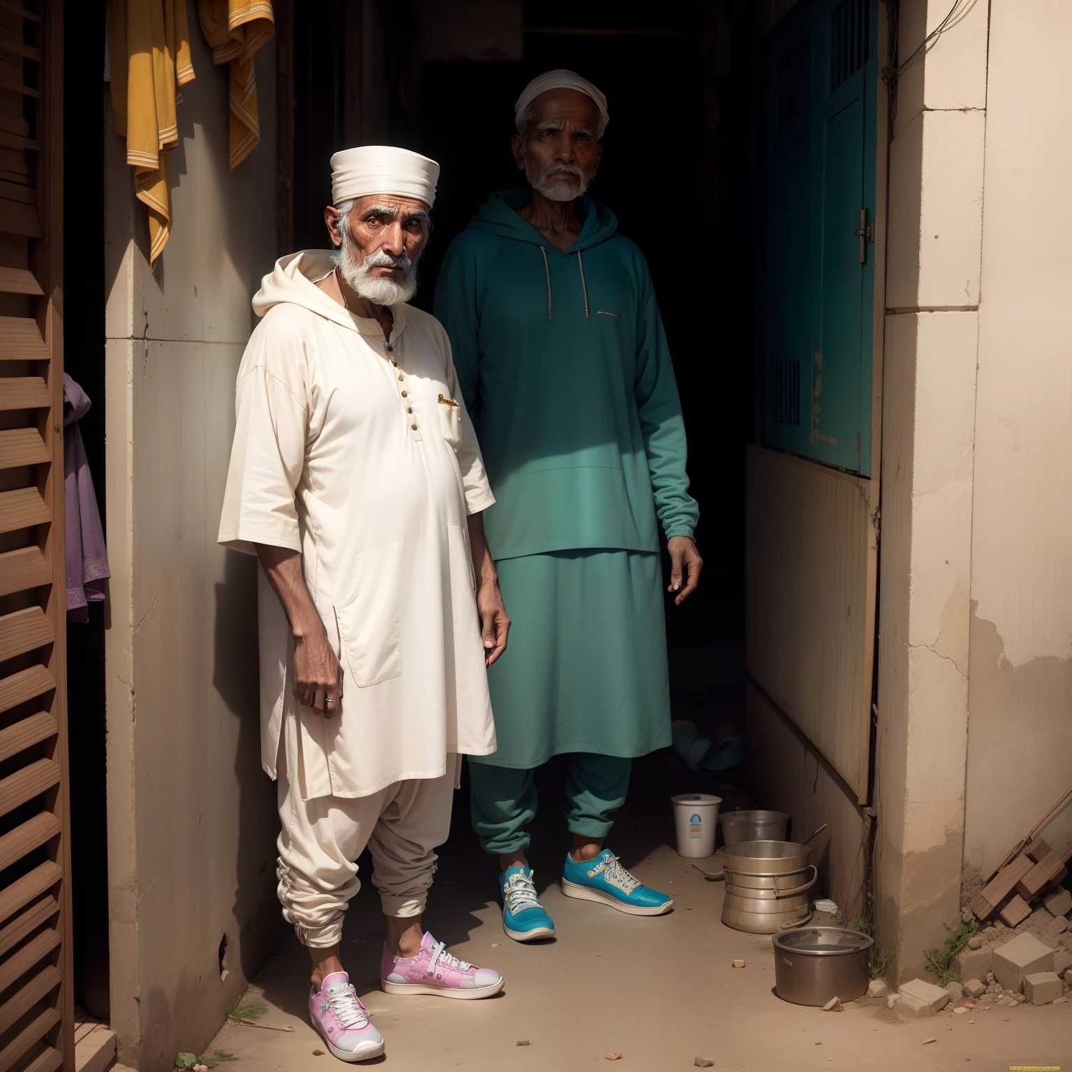 Indian Muslim old man wears kurta pajama and High top sneakers, wears a hoodie , standing in slums , ciggerate in hand