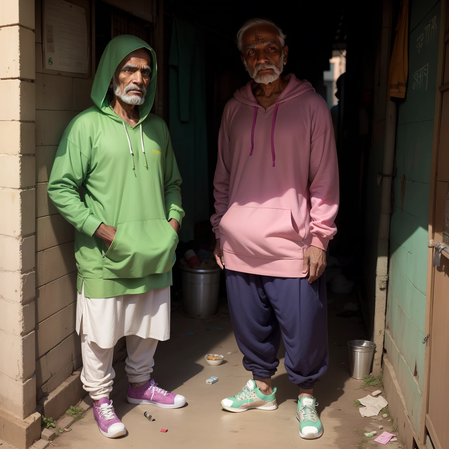 Indian Muslim old man wears kurta pajama and High top sneakers, wears a hoodie , standing in slums , ciggerate in hand