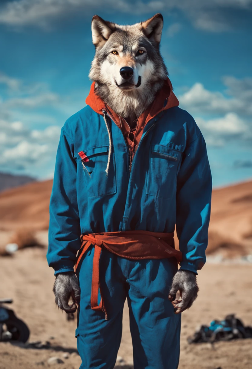 (ESTILO DESENHO) WOLF STANDING WEARING BLUE JUMPSUIT, FOFO