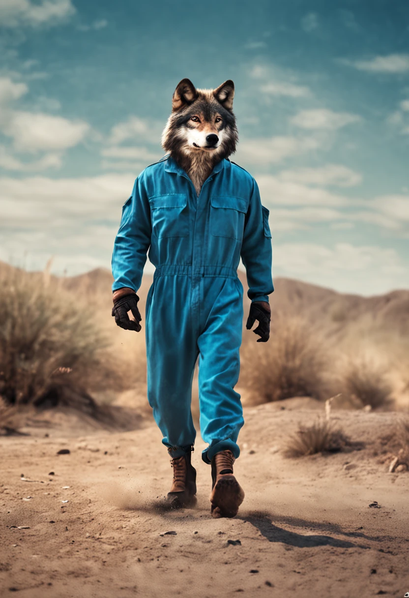 (ESTILO DESENHO) WOLF STANDING WEARING BLUE JUMPSUIT, FOFO