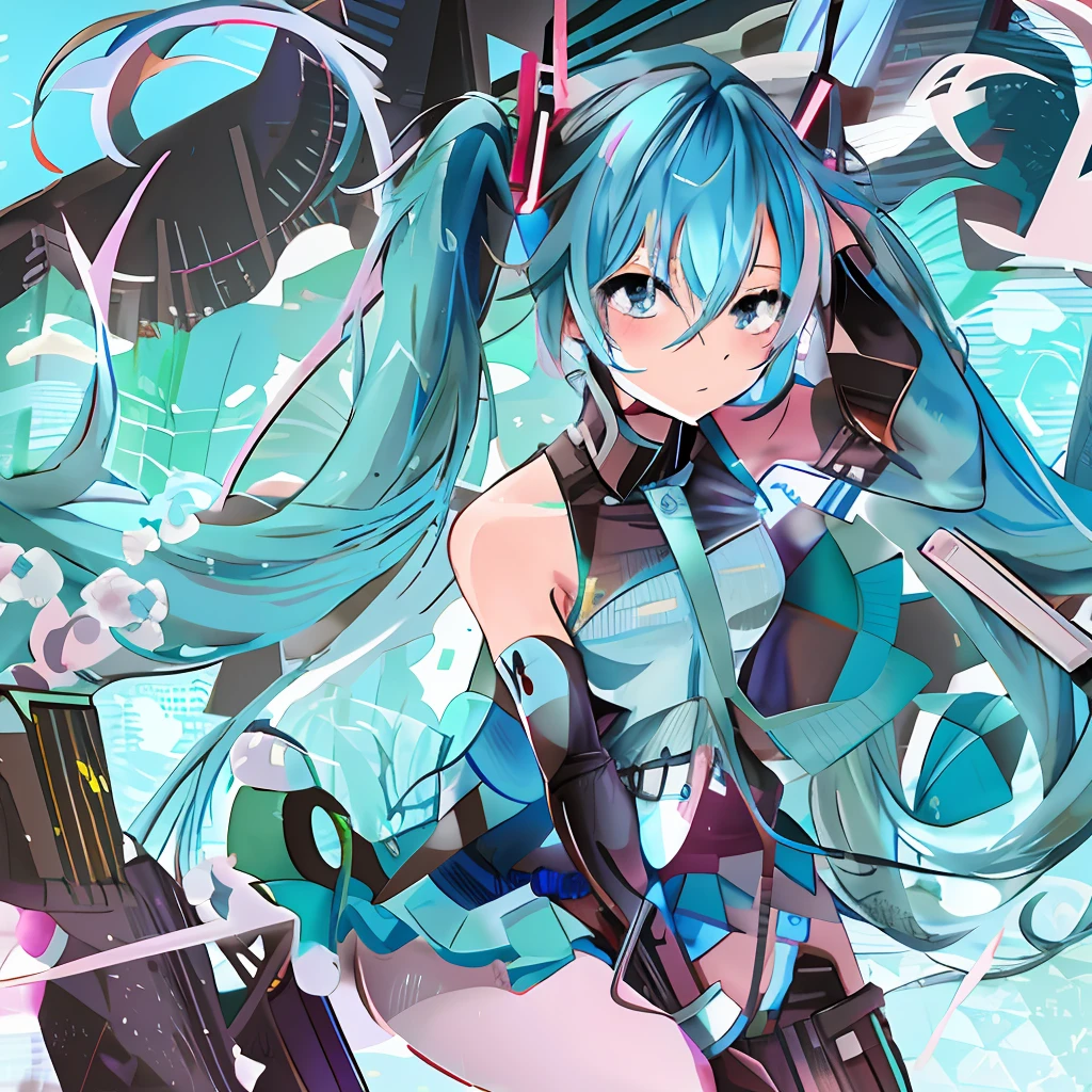 Anime girl with blue hair and blue eyes holding a gun, Hatsune Miku, hatsune miku portrait, Portrait of Hatsune Miku, zerochan art, Miku, Pixiv Contest Winner, pixiv, Digital art at Pixiv, Mikudayo, anime style 4 k, by Shitao, VOCALOID, anime art wallpaper 4k, anime art wallpaper 4k　Fume、Lack of strength in the eyes、Do not draw contours、Pale watercolor、