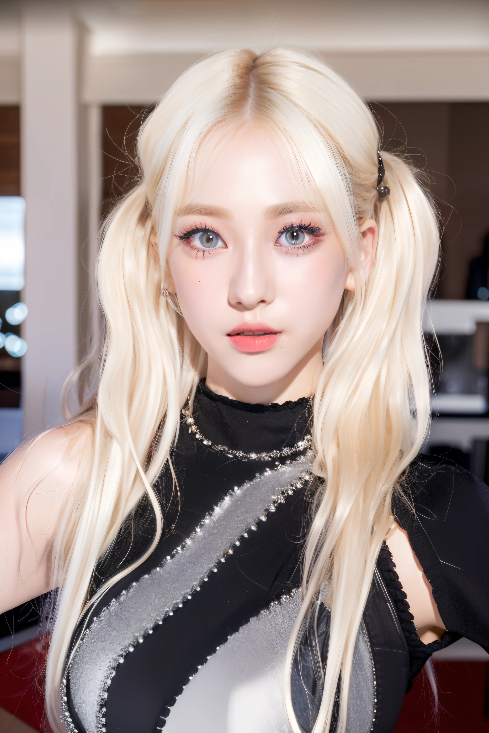 (8k, 4k, best quality, highres, ultra high res:1.1), (masterpiece, realistic, photo-realistic:1.1), 1girl, face, close-up, twintails, blonde hair, black eyes, red lips, (looking at viewer:2), absurdly long hair, long eyelashes, eyeshadow, small face, big eyes,
bare shoulders,
high contrast,