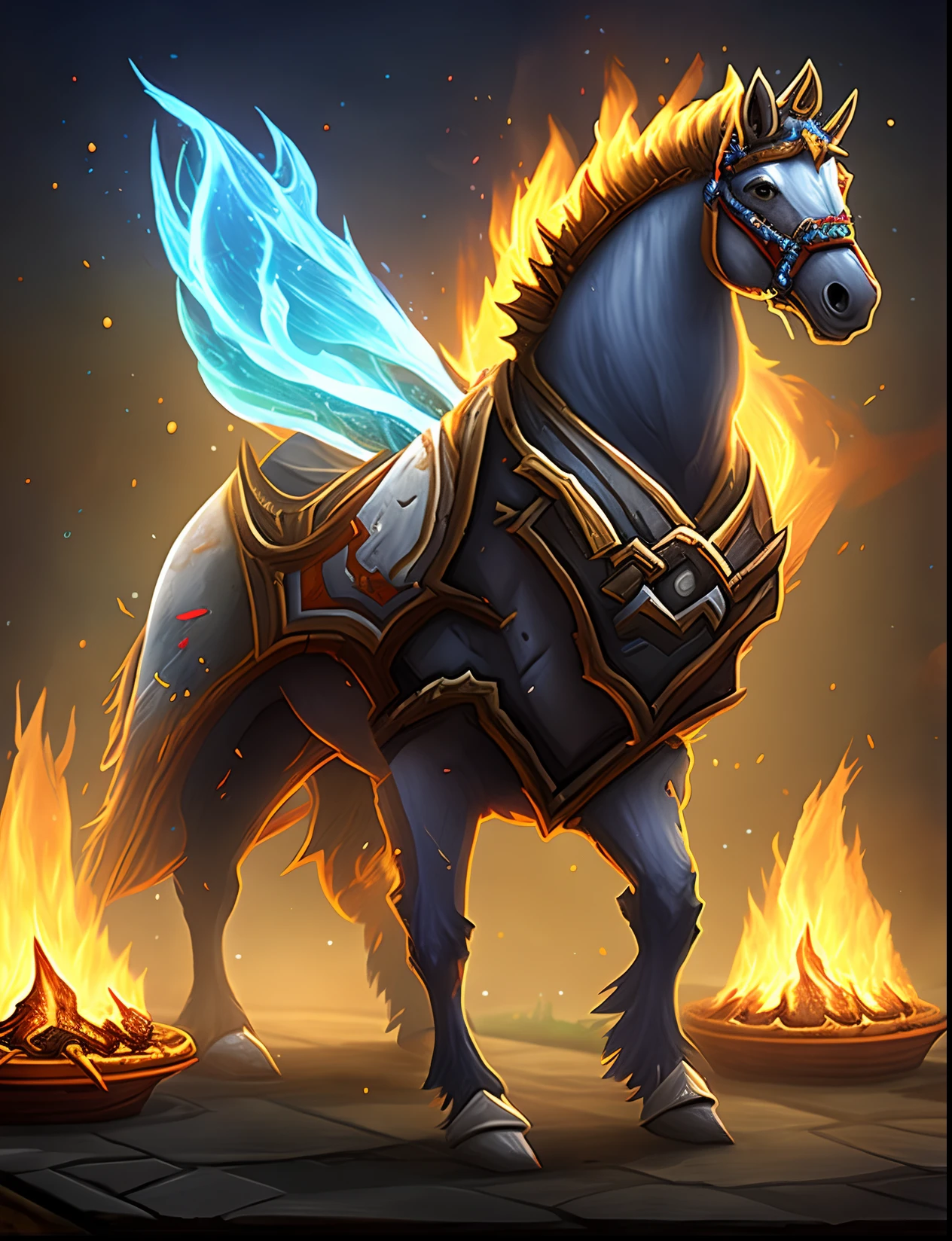 Game design of a horse with fire on his head, Mane of Fire and Flame, transparent background, fire elemental, fantasy hearthstone art style, Concept art of a fantasy creature, hearthstone concept art, mythical creature, spirit fantasy concept art, flame conjuring armored
