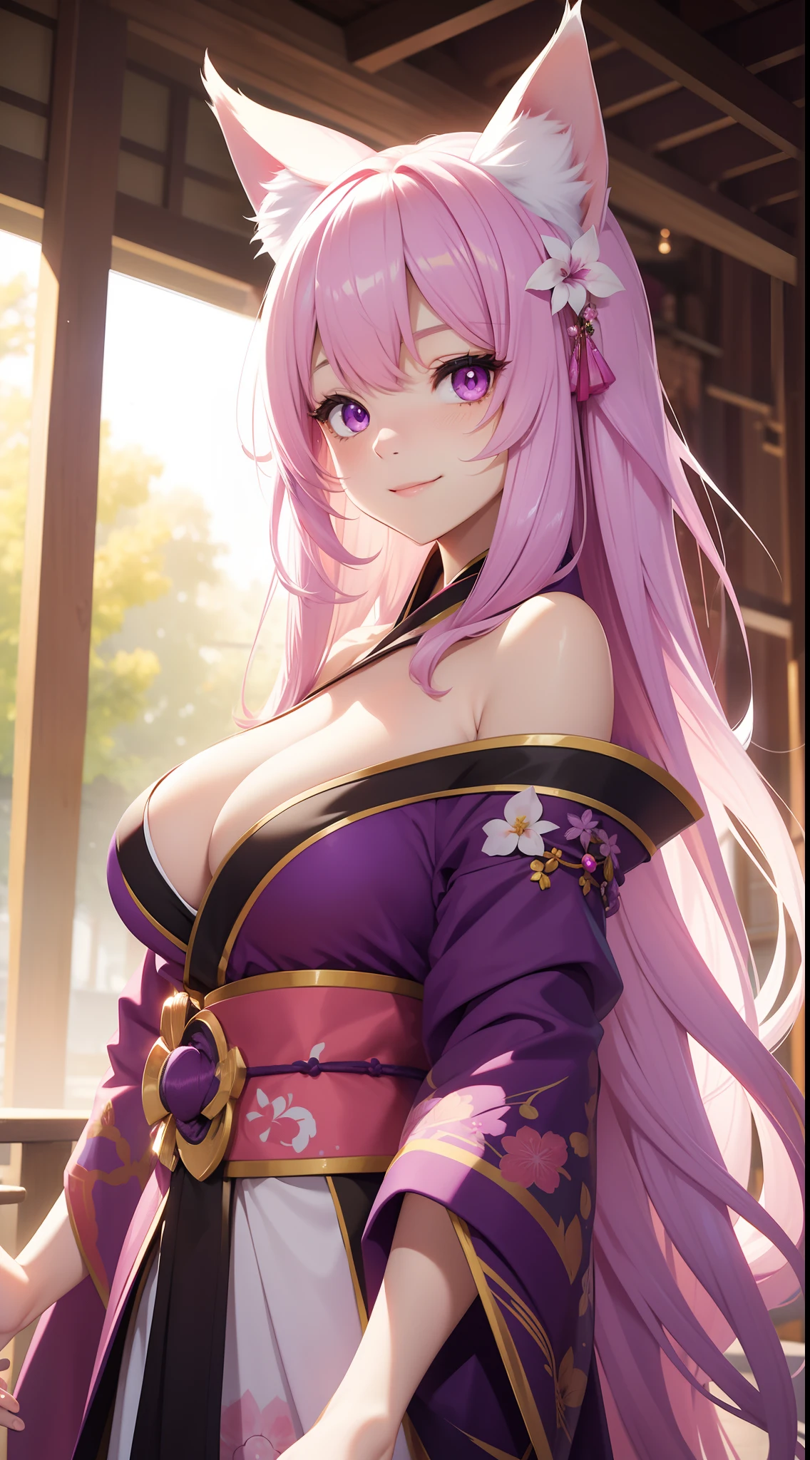 young girl, long pink hair, Fox ears, Heterochromia, left white and right purple eye, Purple kimono, open shoulders, Huge-breasts, Smile, Masterpiece, hiquality