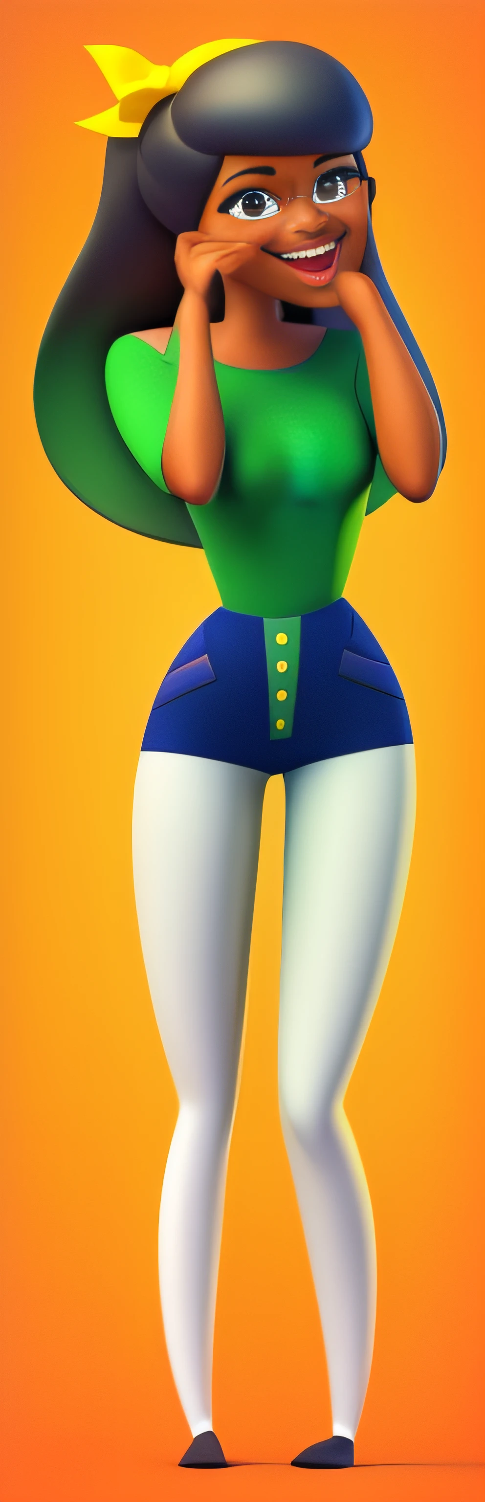 Fazer um adesivo estilo Flat em 3D com este personagem feliz e sorrindo. Reveal the perfection of the character's facial expression. Cabelos cacheados, de vestido.