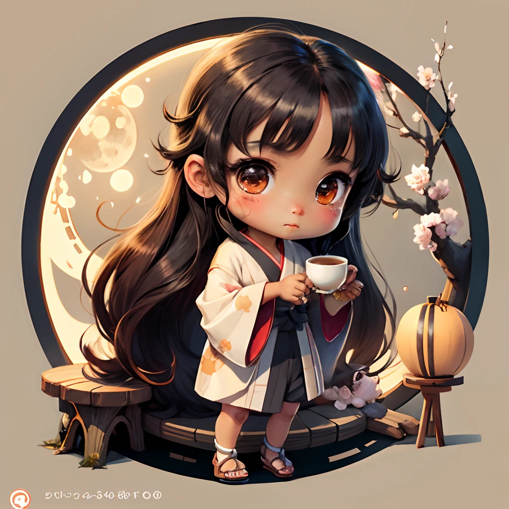 Cute brown skinned baby chibi anime, grey kimono, drink tea, straight long black hair, in a frame, drink hot tea, cherry blossom, logo, black thick platform sandals, circle frame background, moon, freckles on face,