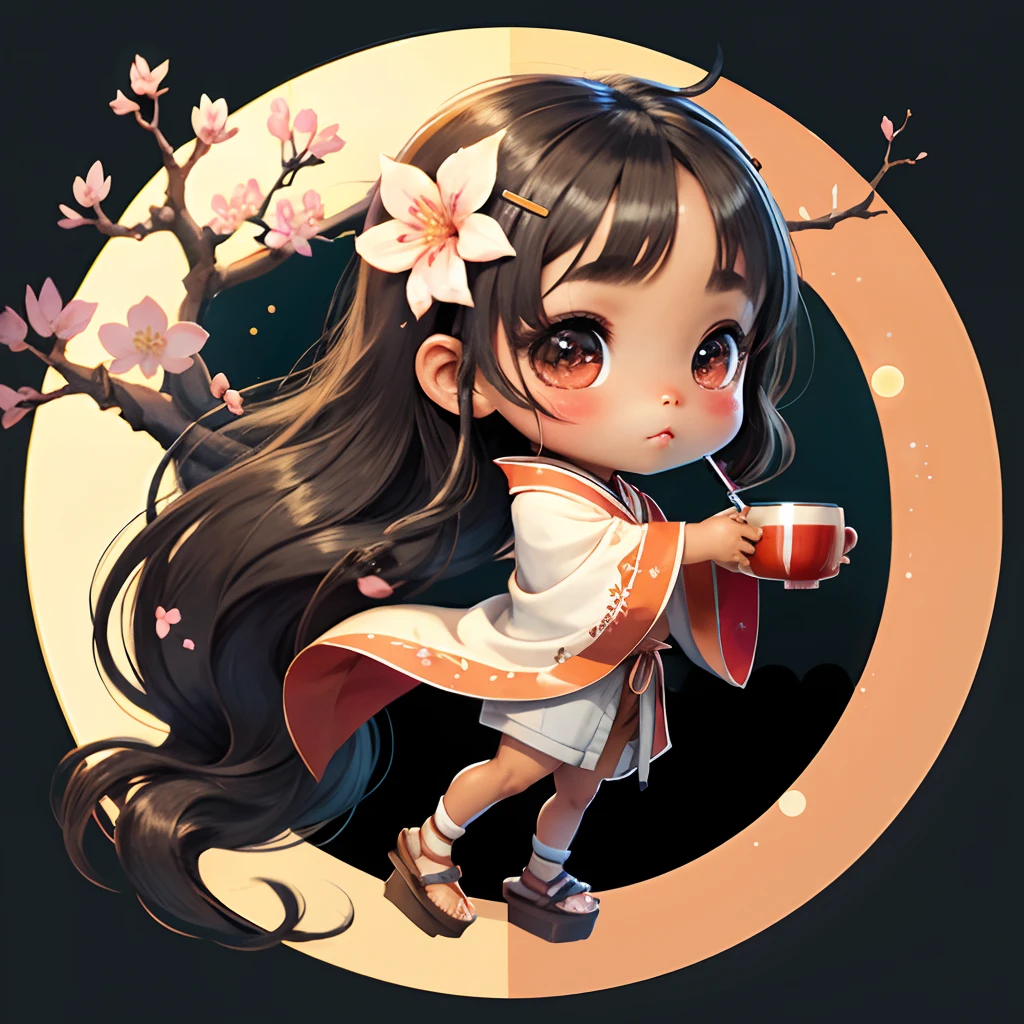 Cute brown skinned baby chibi anime, grey kimono, drink tea, straight long black hair, in a frame, drink hot tea, cherry blossom, logo, black thick platform sandals, circle frame background, moon, freckles on face,