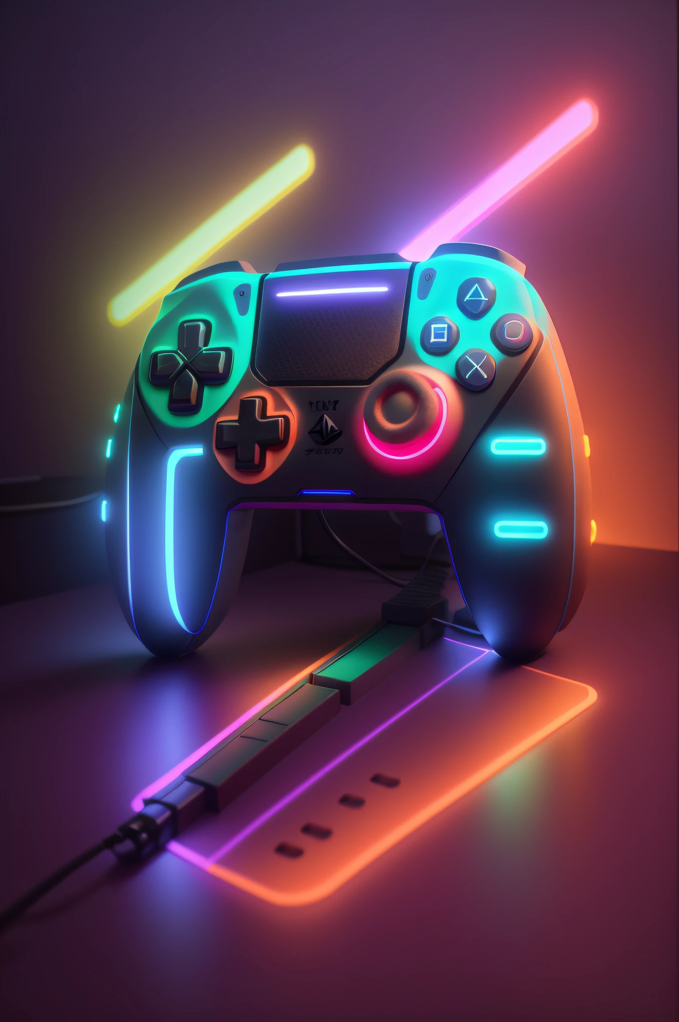 Video Game Render A close up of a game controller with neon lights on it - SeaArt AI