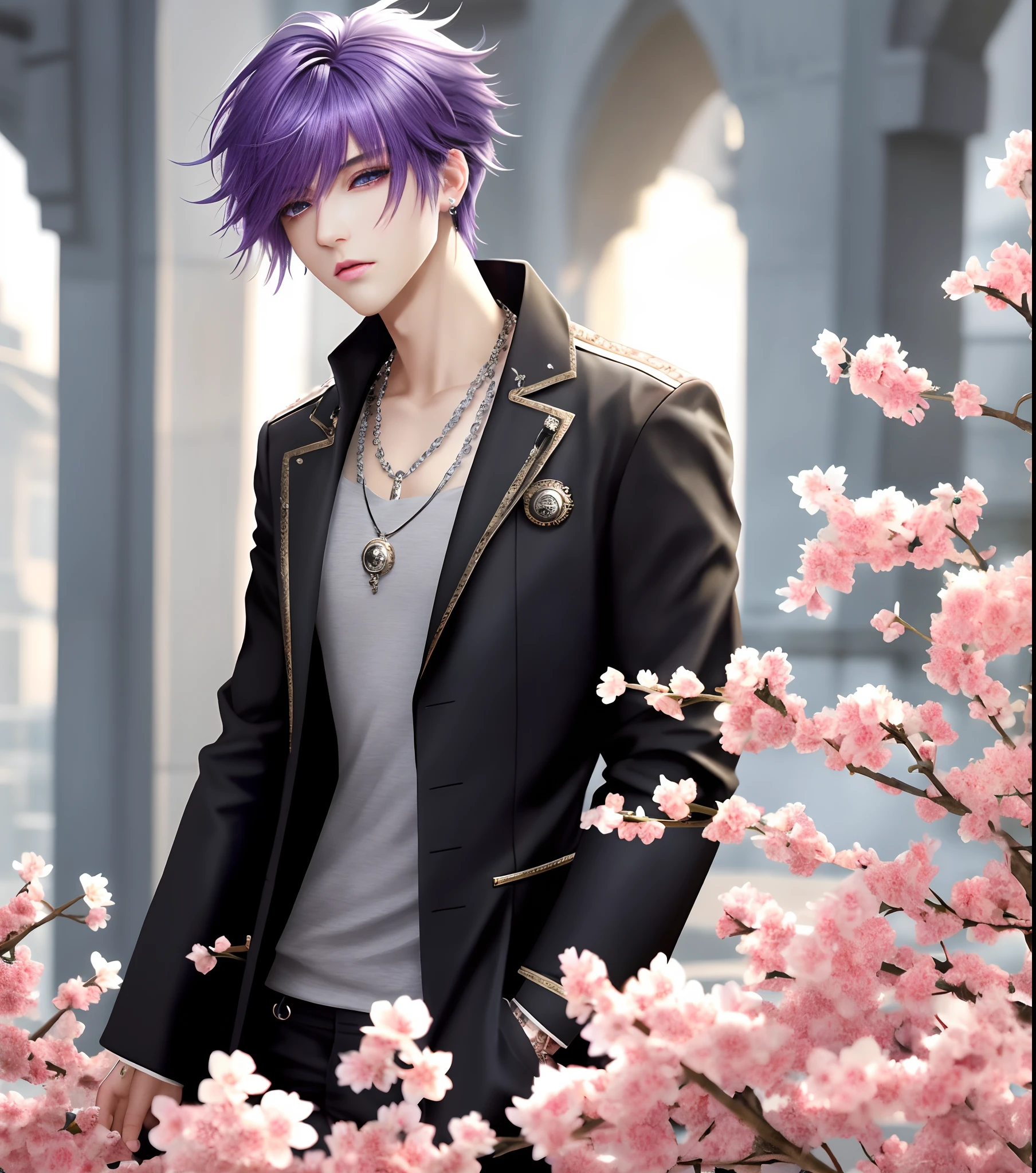 Englandtown, Professional Photos, shot from back, Photographed so that the whole body can be seen, shot from back, At Fed Man with Necklace, inspired by Sim Sa-jeong, androgynous vampire, :9 detailed face: 8, extra detailed face, detailed punk hair, ((Gray)) baggy eyes, Seductive. Highly detailed, semi realistic anime, Vampires, hyperrealistic teen, delicate androgynous prince, imvu, Bright purple hair, Gray eyes, Black cool korean fashion, Hiding both eyes with bangs, I can't see both eyes with bangs, Long bangs, short hair above the ears, Glaring expression, Wild look, looking distantly, high-level image quality, ​masterpiece, ((1 male human))
