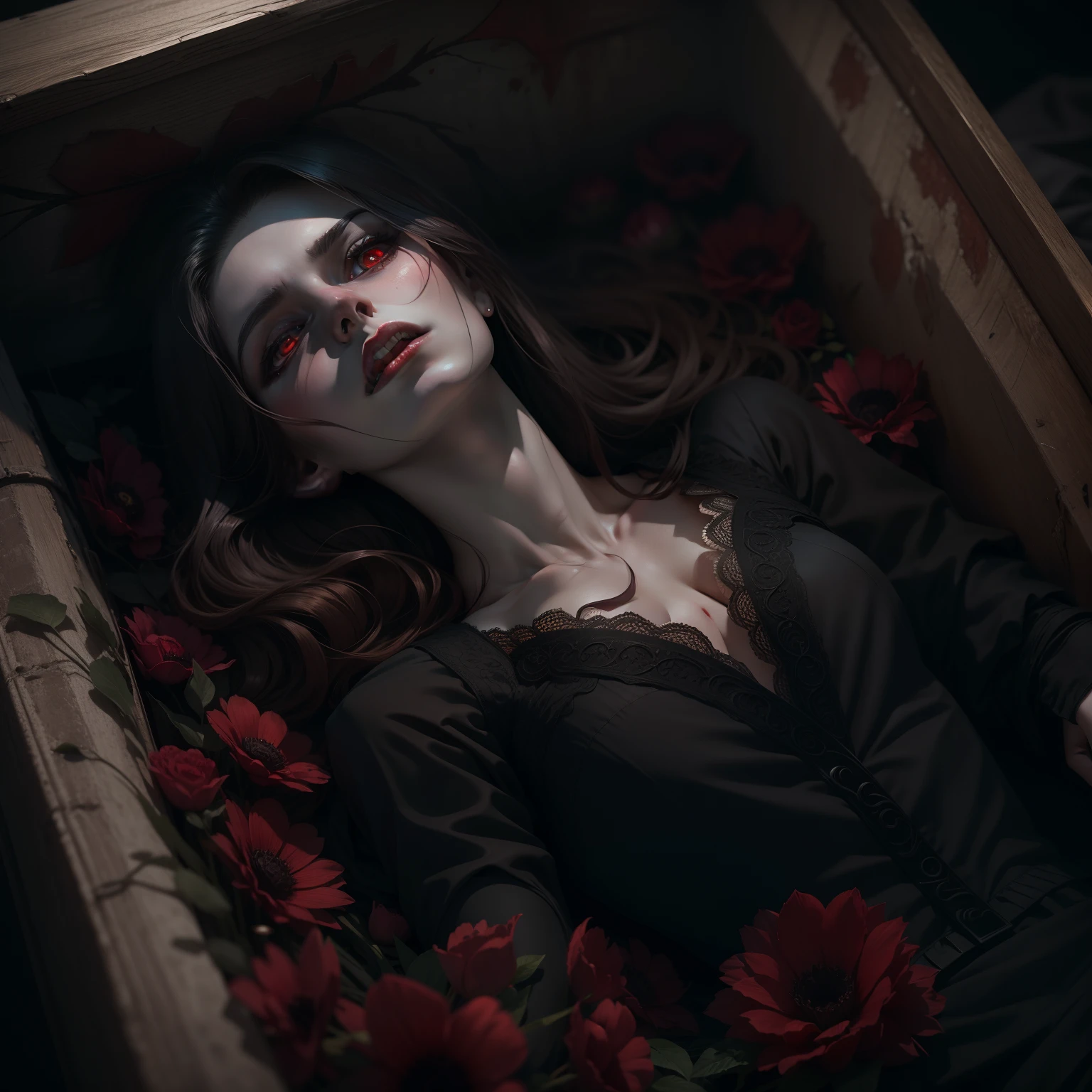 realistic and detailed image of a beautiful and dead woman, dark and pale skin, 20 years old, lying livid in a coffin, red and devilish eyes open