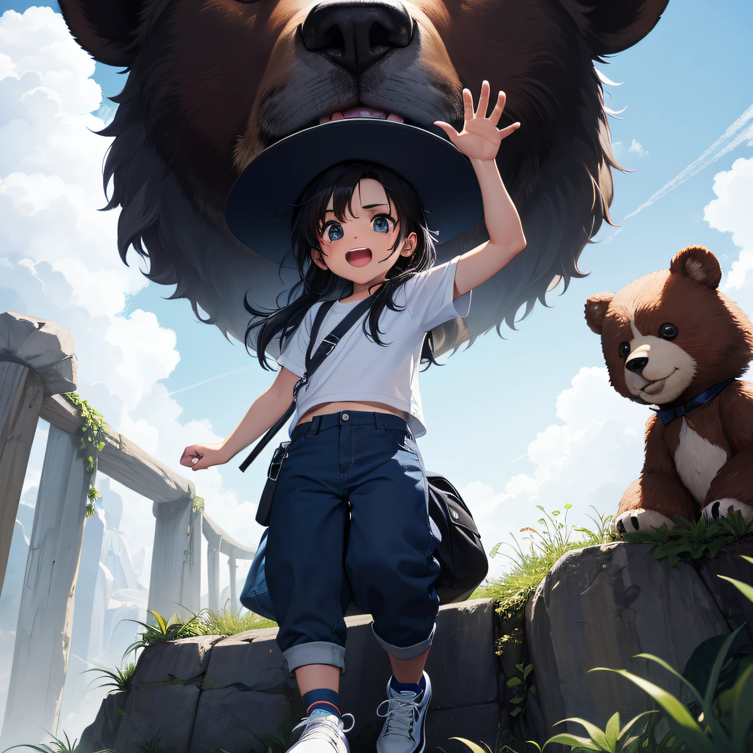 Crie um pequeno aventureiro, 6 anos, with various body and facial expressions, olhos azuis, cabelos longos, blue pants, camisa branca, black shoes, crostas no rosto, without glasses, holding a bear in your hands