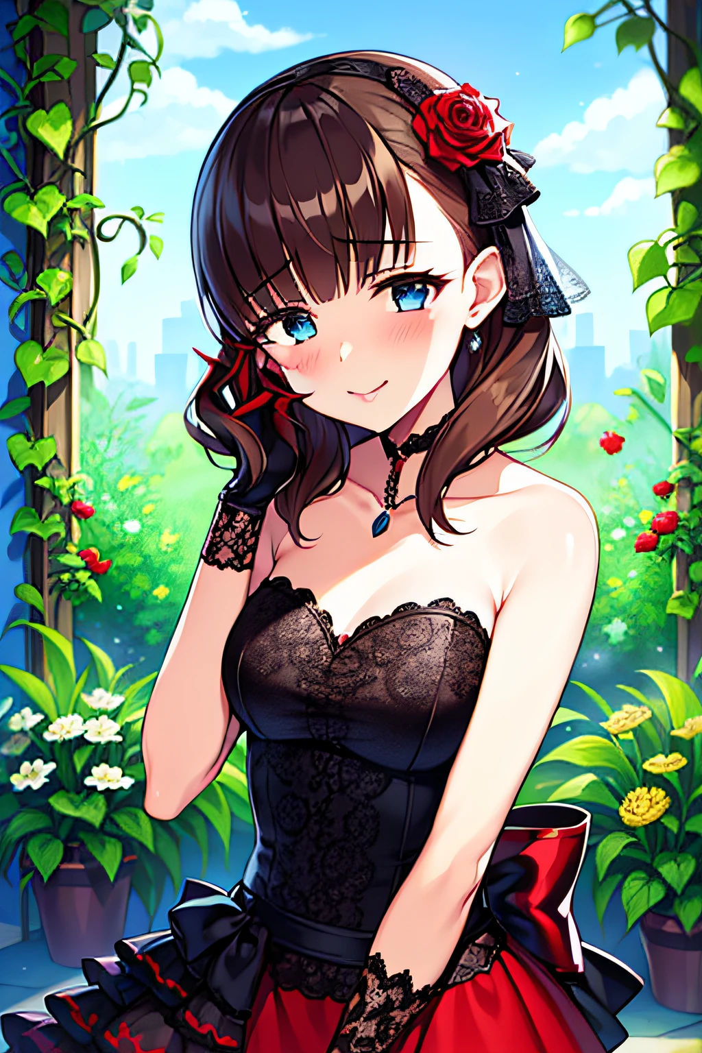 (((Best quality))), ((Ultra-detailed)), ((illustration)), ((Disheveled hair)), ((frilld)), (1 girl),(Solo), 
flower,looking_at_viewer,palm_tree,plant,potted_plant,red_flower,red_rose,rose,rating:safe,Black_gloves,red_dress,