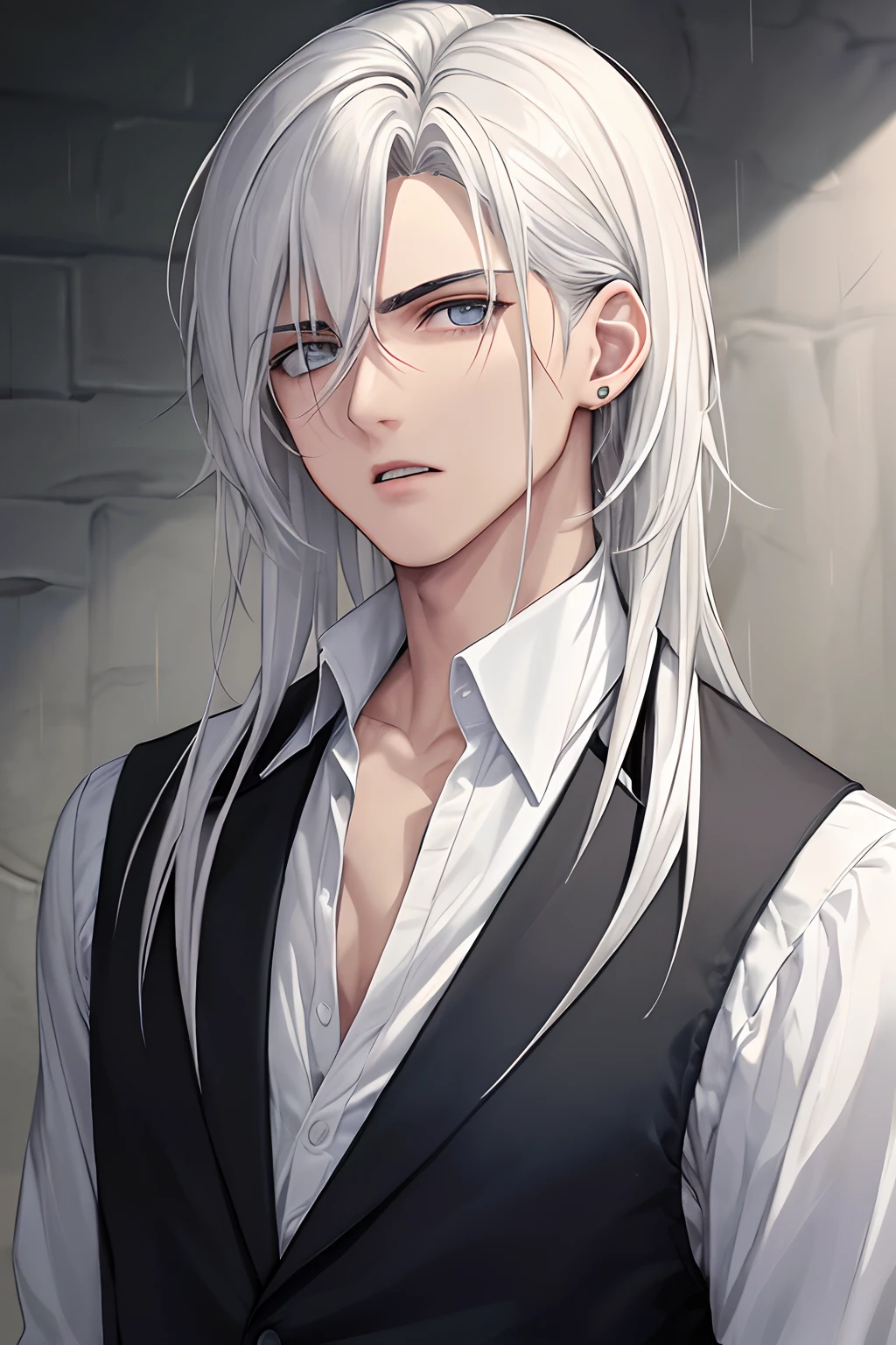 kk, mejor calidad, most detail, obra maestra, vampire boy, retrato, enfoque masculino, ojos blancos, solo, flequillo, mirando al espectador, pelo largo ondulado, lluvia, teatro abandonado),toenail polish, pelo blanco, lujoso, 8k, detallado, trazado de rayos, profundidad de campo, cinematography lighting,
