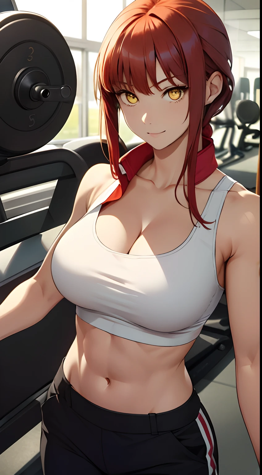 (masterpiece, best quality:1.2), solo, 1girl, red hair, yellow eyes, makima,, unbuttoned shirt with collar, on the chest, a lot of, black unbuttoned pants, wide hips, expose body, fitness, at gym, working out, treadmill, biceps, tricep
