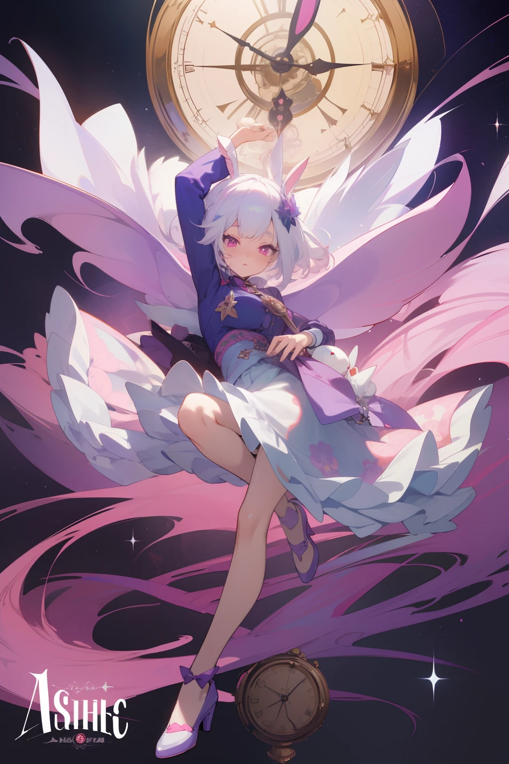 tmasterpiece, White hair anime female character with rabbit ears, , Shows fullness , Jacket, stretch pose, with a dynamic pose ((full bodyesbian)) , white colors、Red and purple,, trending on artstation pixiv, 2 d anime style, Anime character art, detailed anime character art, ultra - detailed, No ugly hands, Pretty face, Exposed short hair , Detailed hands , Detailed face , in blouse wearing , Meticulous shoes , Detailed eyes.Pink eyes,Gorgeous clock decoration,florals,Large skirt,fluffly,large scene,opulent,opulent,opulent,Blue Fairy,Stylish skirt,Clock decoration,Bunny Muppets,pocketwatch,Blue star,Brilliant night sky