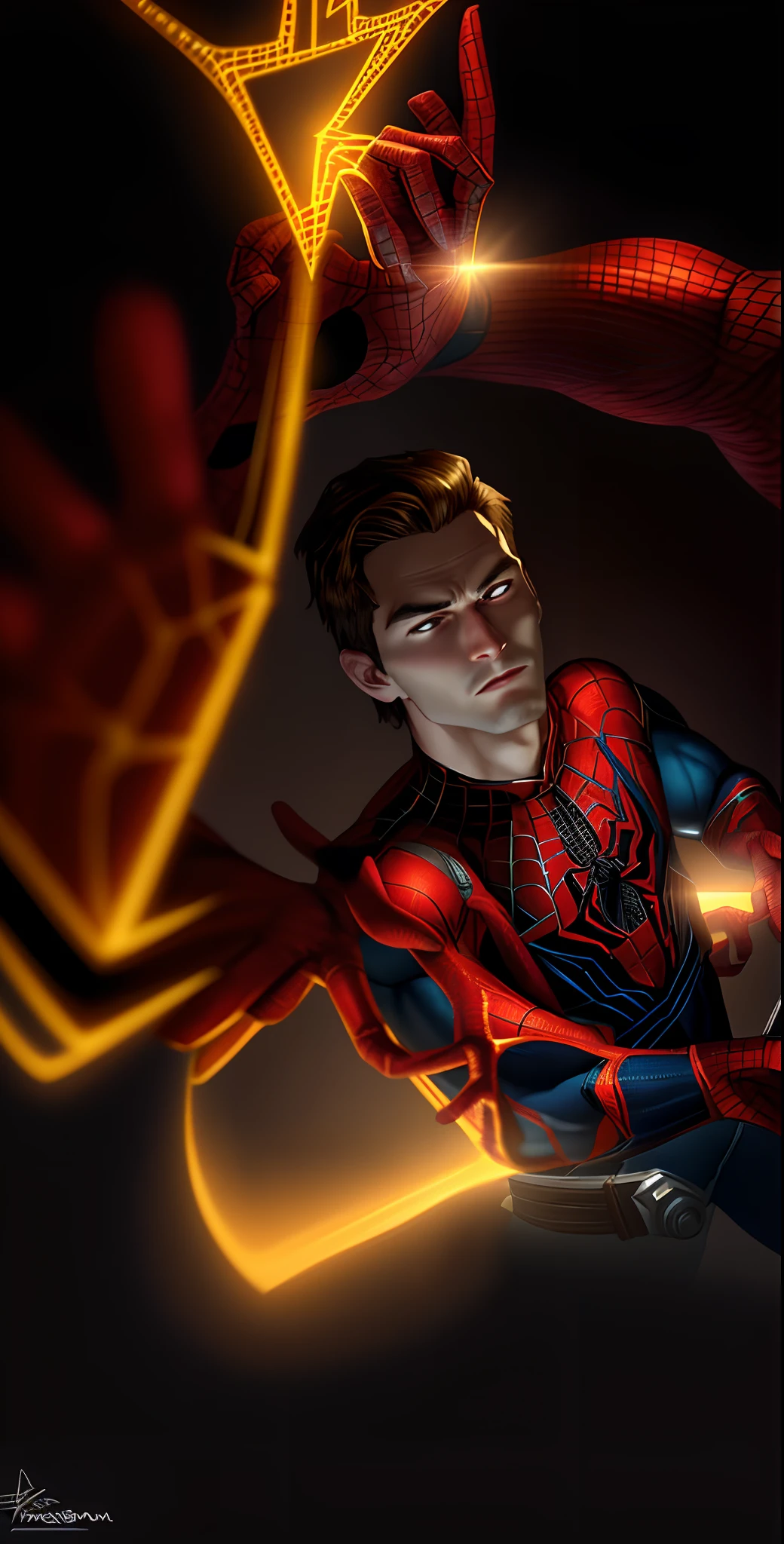 Spider-Man, Peter Parker, unmasked, mature, handsome, [golden armor, detailed design, fiery webs: 1.3], ultra-detailed 4k depiction)
