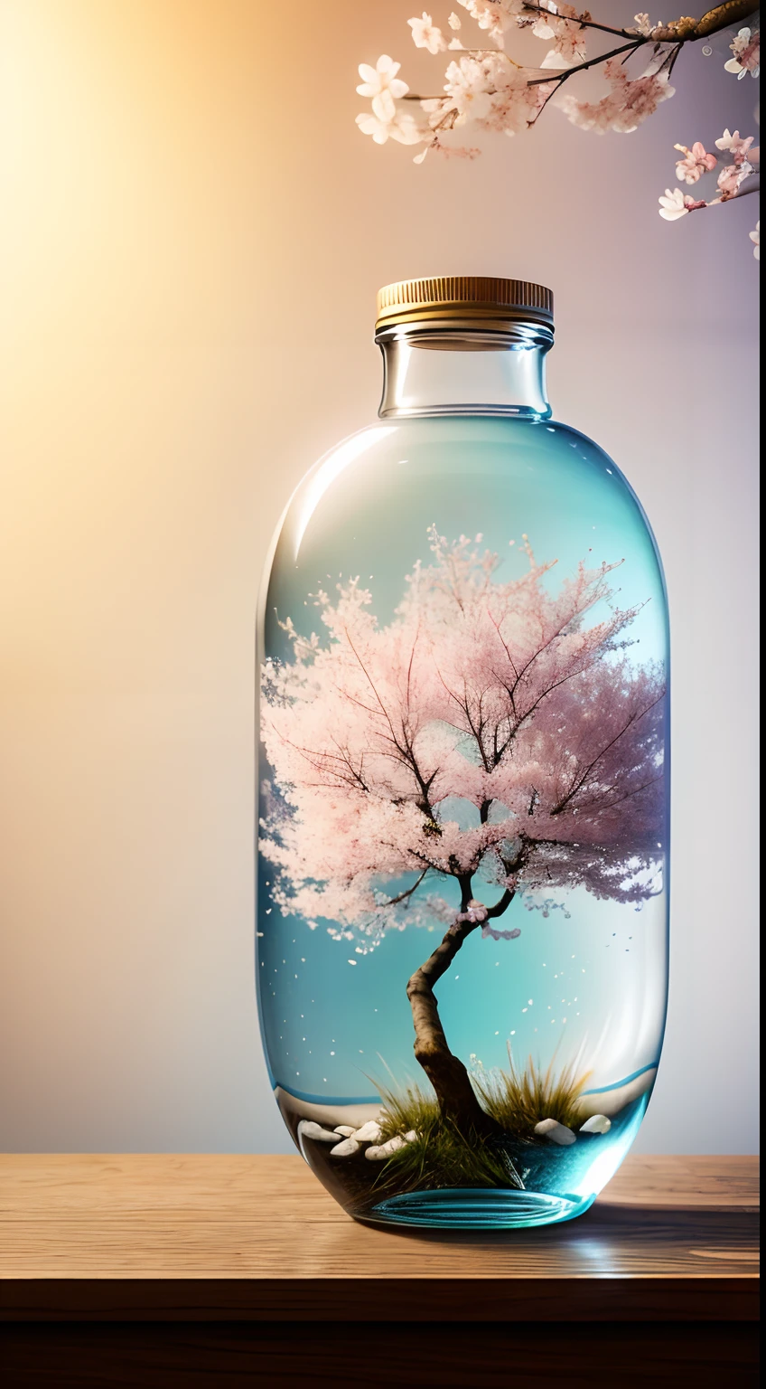 Cherry blossom tree in a bottle, Fluffy, Realistic, Atmospheric light refraction, author：Lee Jeffries Nikon D850 Film Stock Photo 4 Kodaport 400 Camera F1.6 Photos Rich colors Ultra-realistic textures Dramatic lighting Unreal Engine Trends Art Station Movie Stills 800, Style-Glass