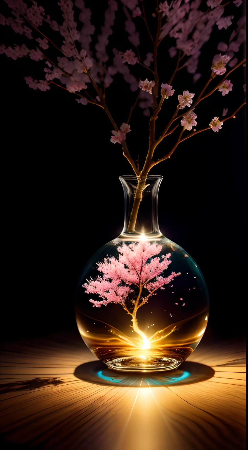 Cherry blossom tree in a bottle, Fluffy, Realistic, Atmospheric light refraction, author：Lee Jeffries Nikon D850 Film Stock Photo 4 Kodaport 400 Camera F1.6 Photos Rich colors Ultra-realistic textures Dramatic lighting Unreal Engine Trends Art Station Movie Stills 800, Style-Glass
