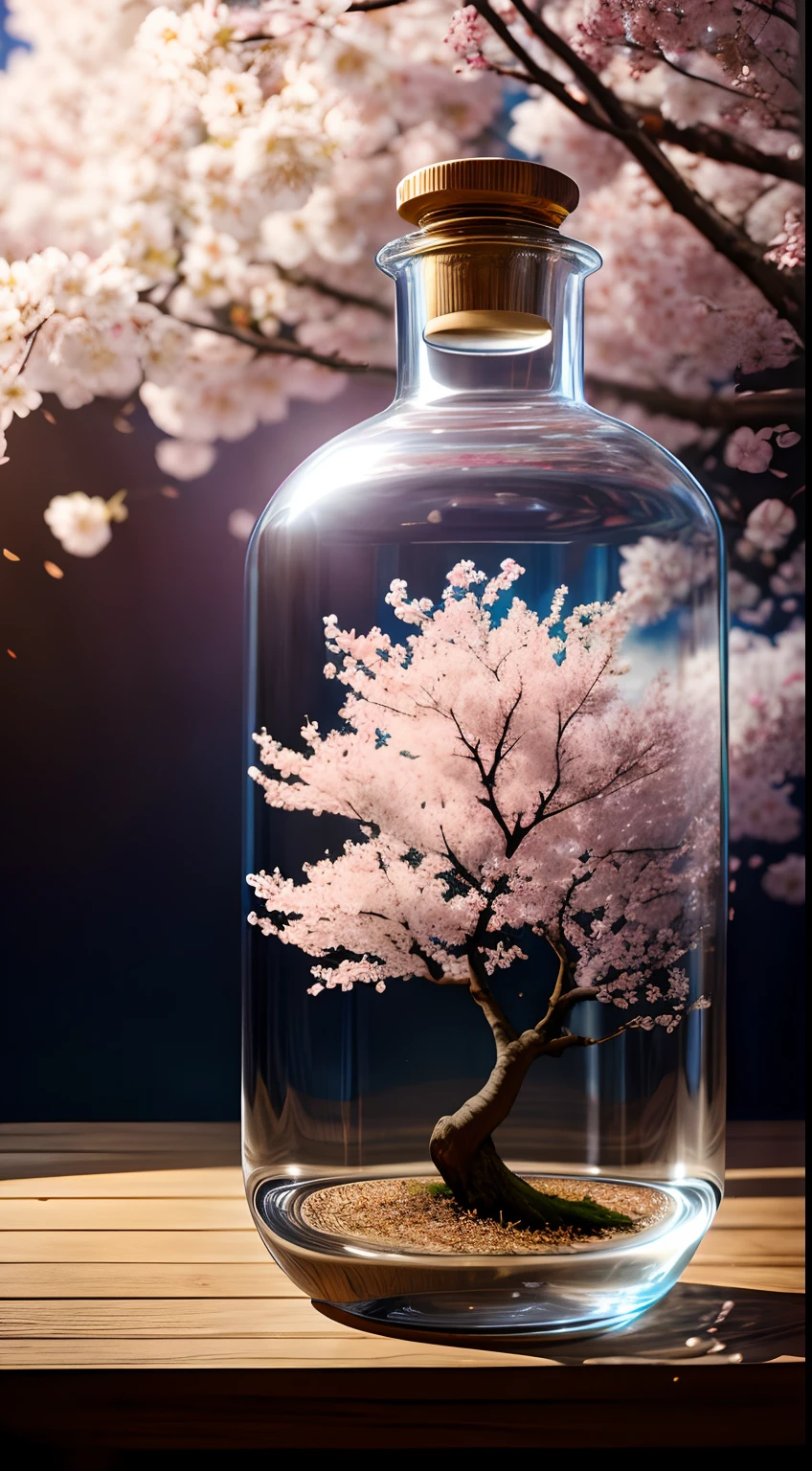 Cherry blossom tree in a bottle, Fluffy, Realistic, Atmospheric light refraction, author:Lee Jeffries Nikon D850 Film Stock Photo 4 Kodaport 400 Camera F1.6 Photos Rich colors Ultra-realistic textures Dramatic lighting Unreal Engine Trends Art Station Movie Stills 800, Style-Glass