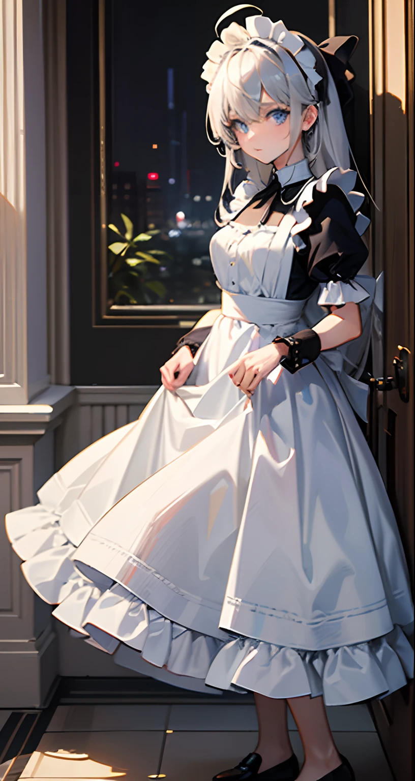 masterpiece、top-quality、Movie stills、One girl、silber hair、scurry、blue eyess、Smaller chest、Long hair、Ahoge、full body Esbian、Zito-order:1.2、Classic Maid Clothing