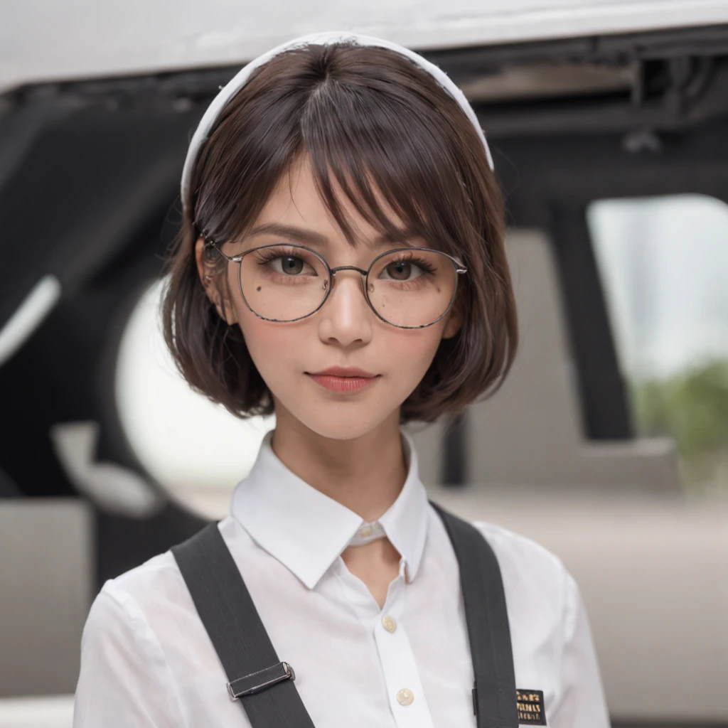 1girl, short black bob hair, yellow eyes, Round glasses, tan skin,dark skin ,BROWN SKIN, SHE HAS LIGHT BROWN SKIN, petite body, wearing plain white formal work shirt, wearing long black pants, business tie, absurdres, high res, ultrasharp, 8k, masterpiece, looking at viewer, cat ears, airline pilot uniform, airline pilot hat, white background, short sleeve, bangs, flat chest, whiskers, androgynous, she has cat ears on her head, she has cat teeth, cloudy background, holding pet black cat, smiling, large round glasses, no airplanes, airplane cabin background, wearing a choker on neck, leash around the neck