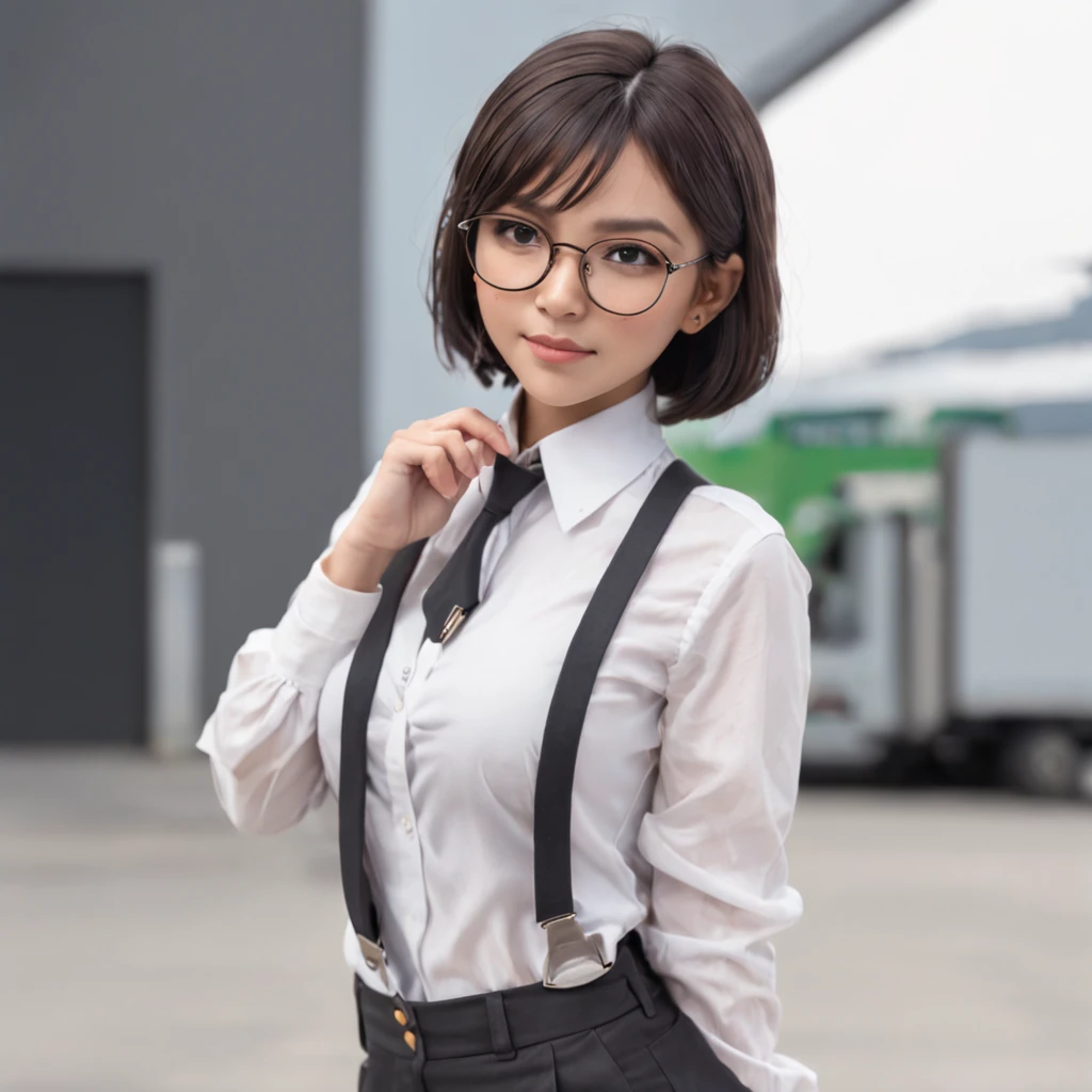 1girl, short black bob hair, yellow eyes, Round glasses, tan skin,dark skin ,BROWN SKIN, SHE HAS LIGHT BROWN SKIN, petite body, wearing plain white formal work shirt, wearing long black pants, business tie, absurdres, high res, ultrasharp, 8k, masterpiece, looking at viewer, cat ears, airline pilot uniform, airline pilot hat, white background, short sleeve, bangs, flat chest, whiskers, androgynous, she has cat ears on her head, she has cat teeth, cloudy background, holding pet black cat, smiling, large round glasses, no airplanes, airplane cabin background, wearing a choker on neck, leash around the neck
