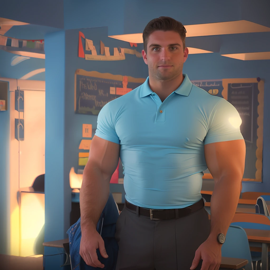 Long dark hair , dad , light blue polo shirt , teacher , classroom