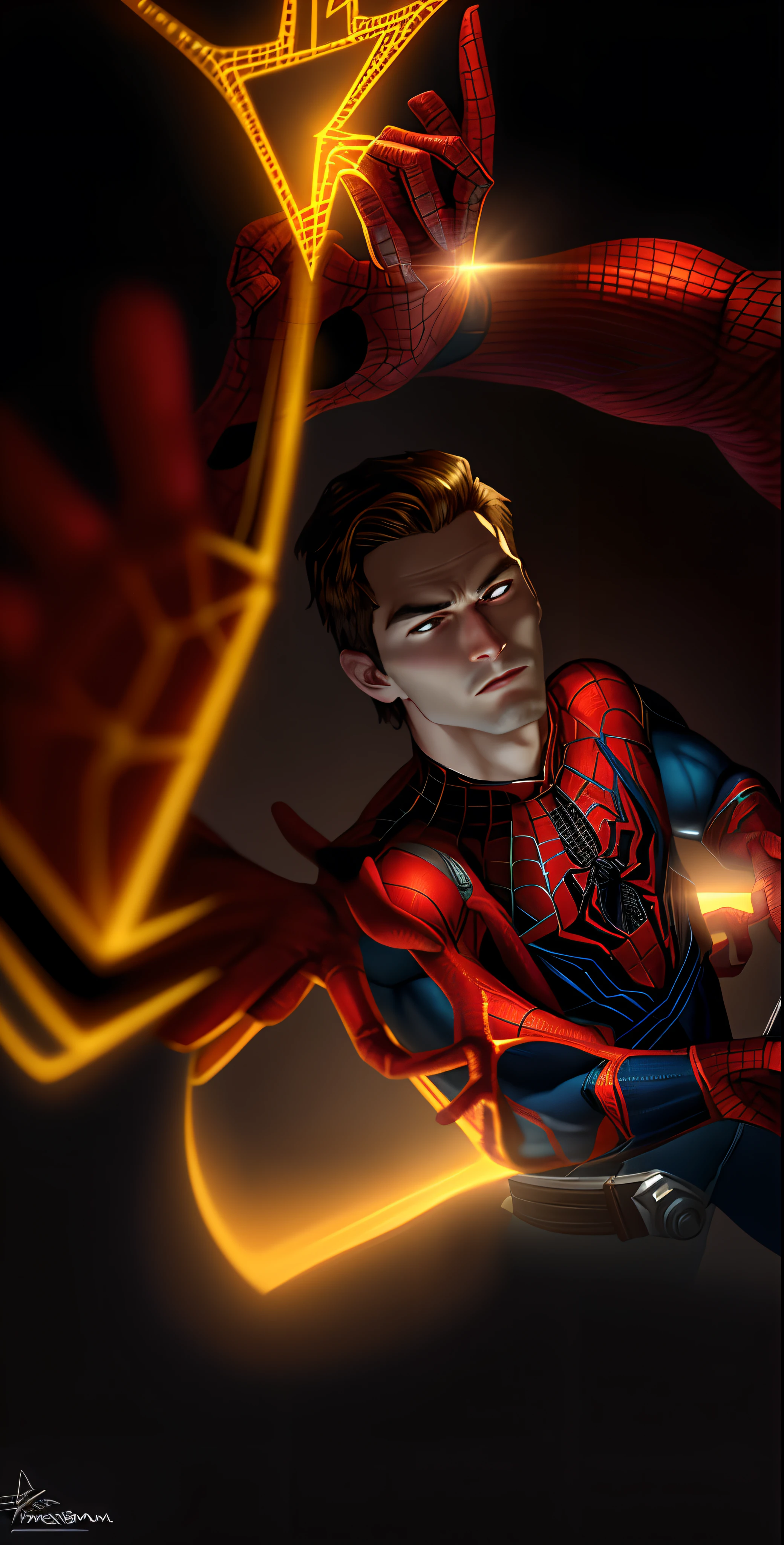Spider-Man, Peter Parker, unmasked, mature, handsome, [golden armor, detailed design, fiery webs: 1.3], ultra-detailed 4k depiction)