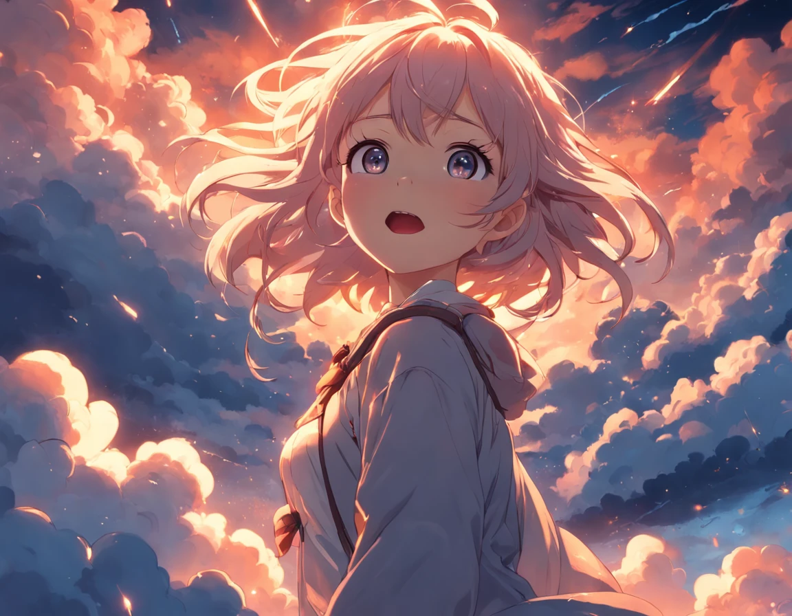 masterpiece, best quality, movie still, 1girl, cloud girl, floating in the sky, close-up, bright, happy, warm soft lighting, sunset, (sparks:0.7)