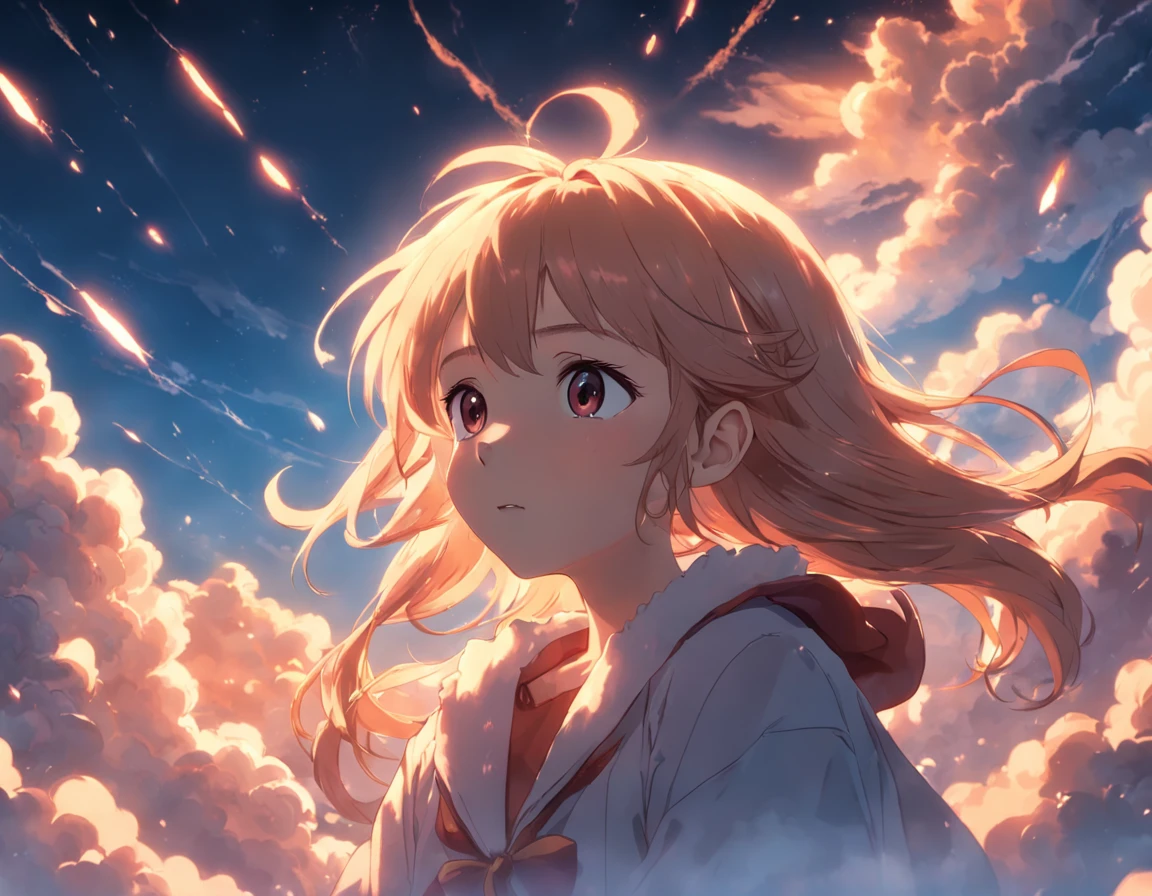 masterpiece, best quality, movie still, 1girl, cloud girl, floating in the sky, close-up, bright, happy, warm soft lighting, sunset, (sparks:0.7)