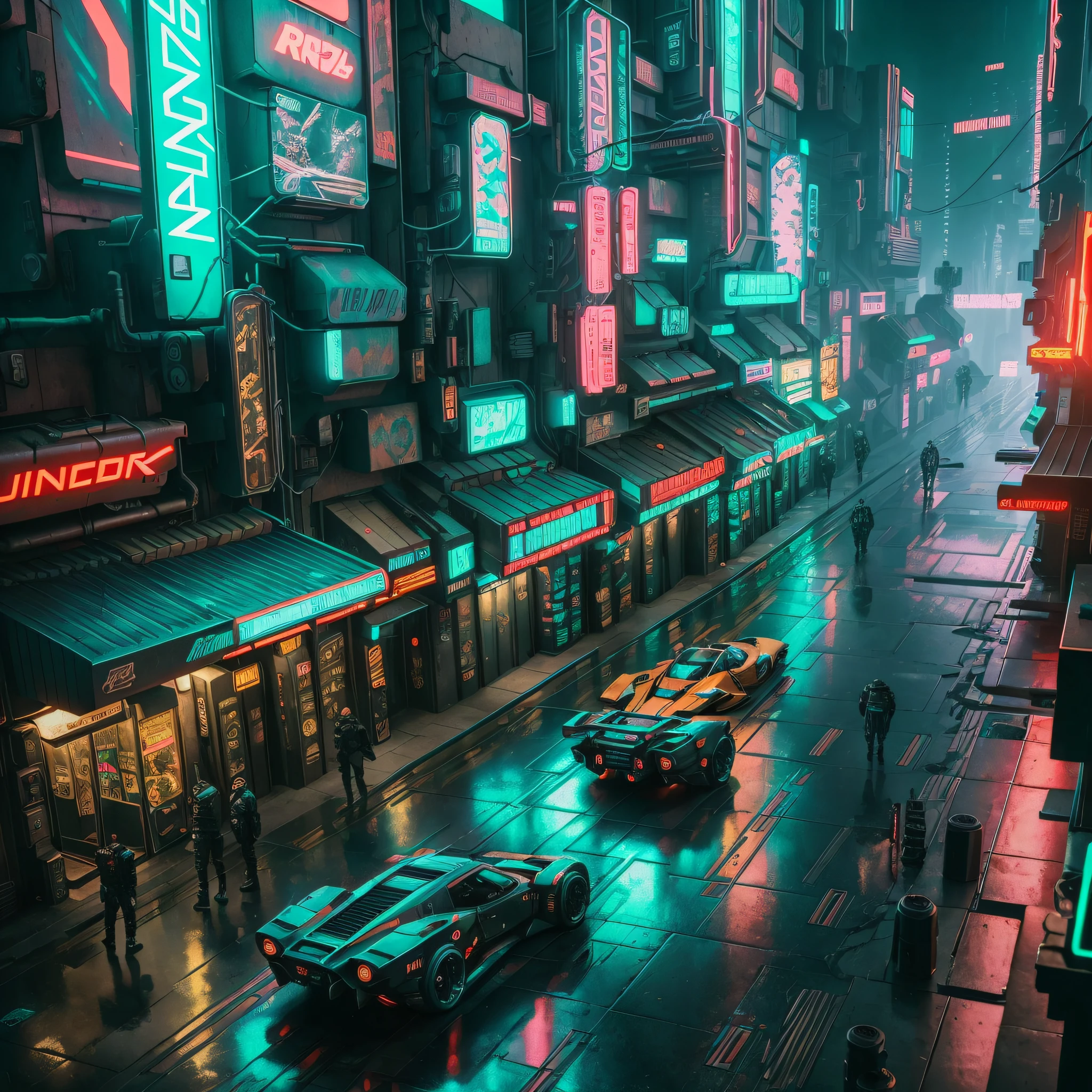 A detailed complex cyberpunk city inspired by the "Blade Runner" movie，A vast world with cyberpunk-inspired metal and neon lights，People walk along sidewalks and streets full of futuristic sports cars, Photorealistic style, Very sharp in 4K ray tracing, - A masterpiece of realism.