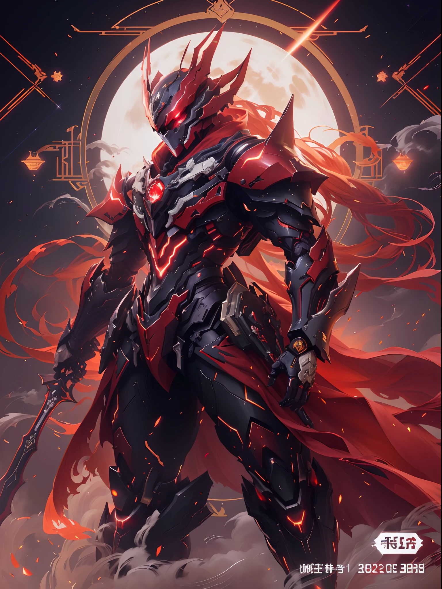 Anime characters wearing red cloaks and swords before the full moon, Badass anime 8 K, high quality warframe fanart, exquisite warframe fanart, Anime epic artwork, Anime art wallpaper 4 K, Anime art wallpaper 4k, anime mecha aesthetic, Onmyoji detailed art, detailed warframe fanart, High quality digital concept art, Dragon Knight, Red armor