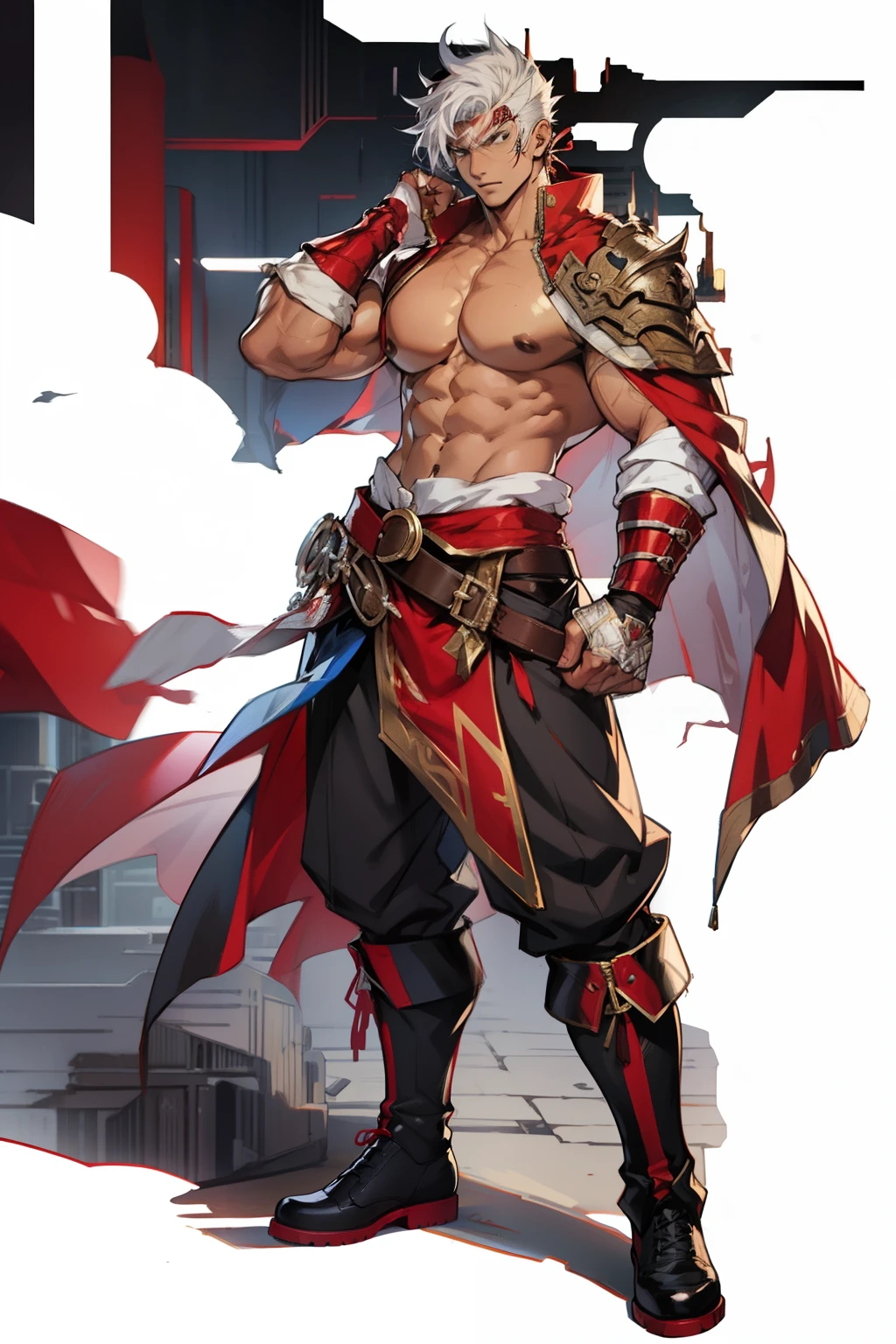Highest image quality,male people,,1 boy,Young and handsome,shoun,White color hair,Short flat top hair,Dark skin,anime big breast,anime wallpaper,Solo,malefocus,Briefs,Dilation of the pectoral muscles,Red cape,Bulging crotch,Urban background,Sexy,(Masterpiece, Best quality),Long white socks,Red Martin boots,