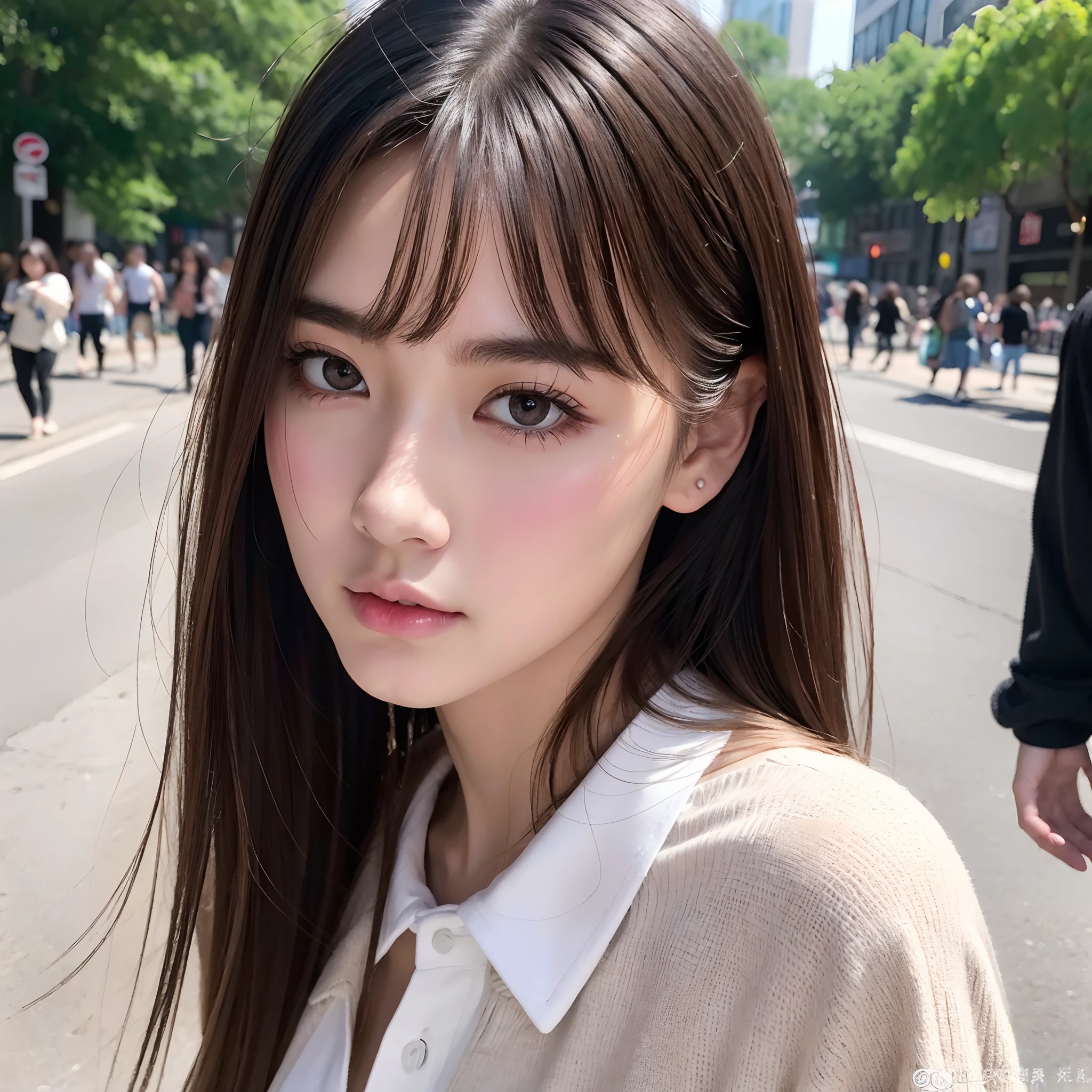 top-quality、​masterpiece、超A high resolution、photo shot、1girl、extra detailed face、Raw foto、In the street、Medium hair、Beautuful Women、