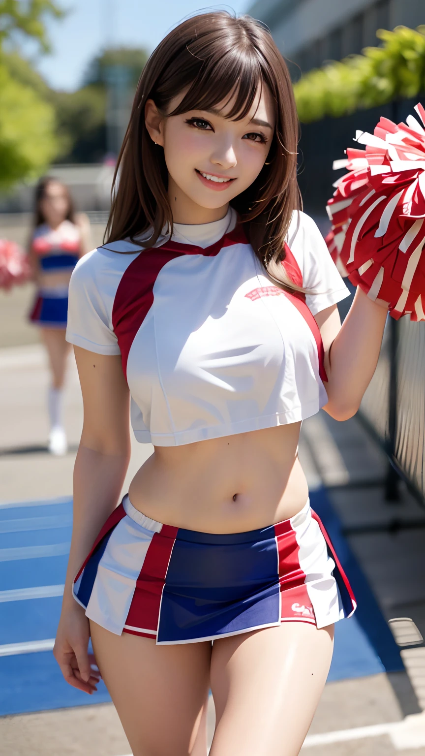 8K raw photos、Beautuful Women:2.0、24 years of age、jpn、Cute Baby Turtle、nedium breasts、((cheer girl:1.5))、A miniskirt、Beautiful eyes finely detailed、eyeslashes、((Brown eyes:1.2))、beautiful double eyelid、eye shadows、Perfect eye makeup、((A smile:1.6))、beautiful and thin legs、(Maroon hair)、Medium hair、Fluffy hair、stadio、Daytime、latina、Photorealsitic:1.9、Sexy navel、Skinny legs、tthin eyebrows、tear bag、lofty nose、((Highly sexy))