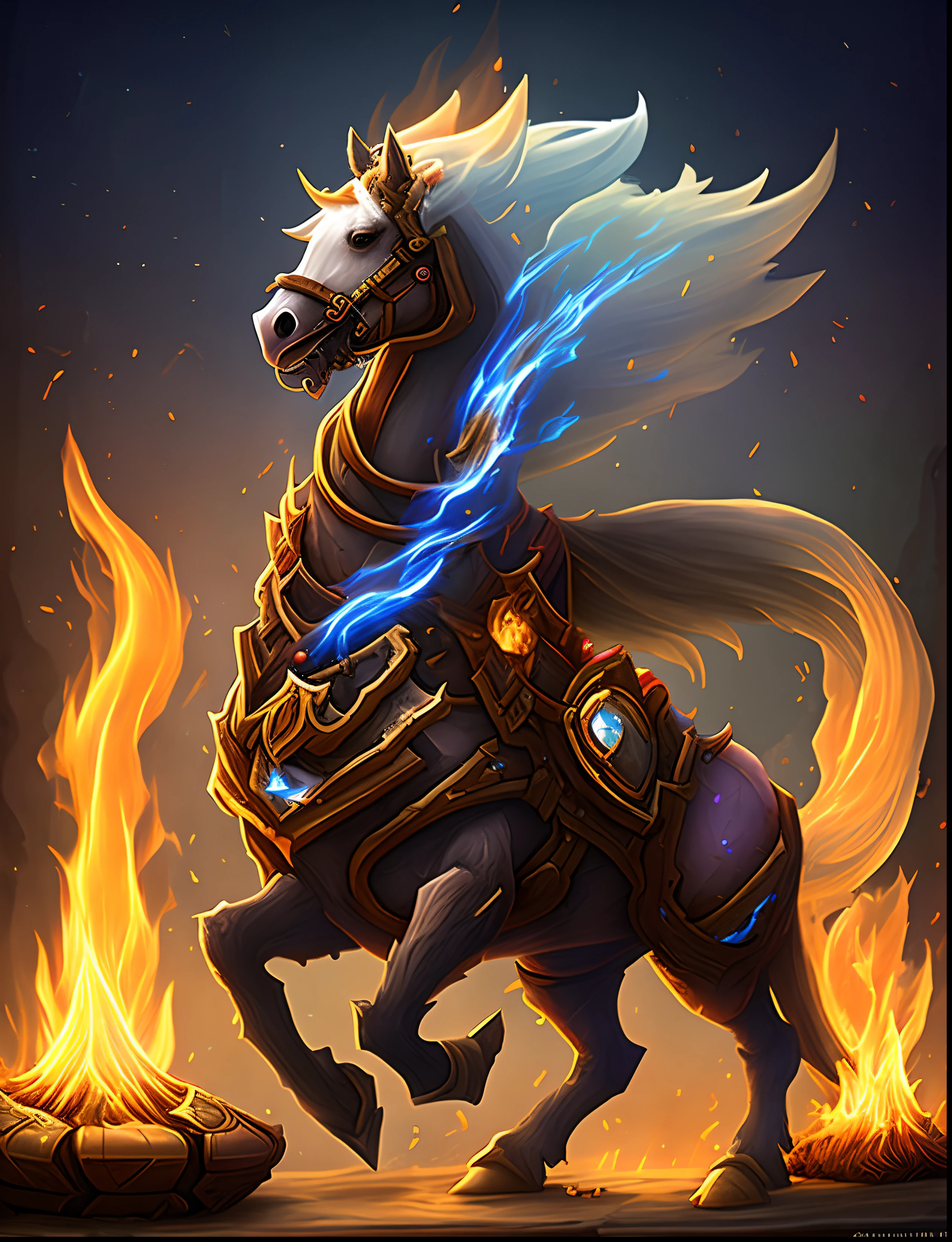Game design of a horse with fire on his head, Mane of Fire and Flame, transparent background, fire elemental, fantasy hearthstone art style, Concept art of a fantasy creature, hearthstone concept art, mythical creature, spirit fantasy concept art, flame conjuring armored