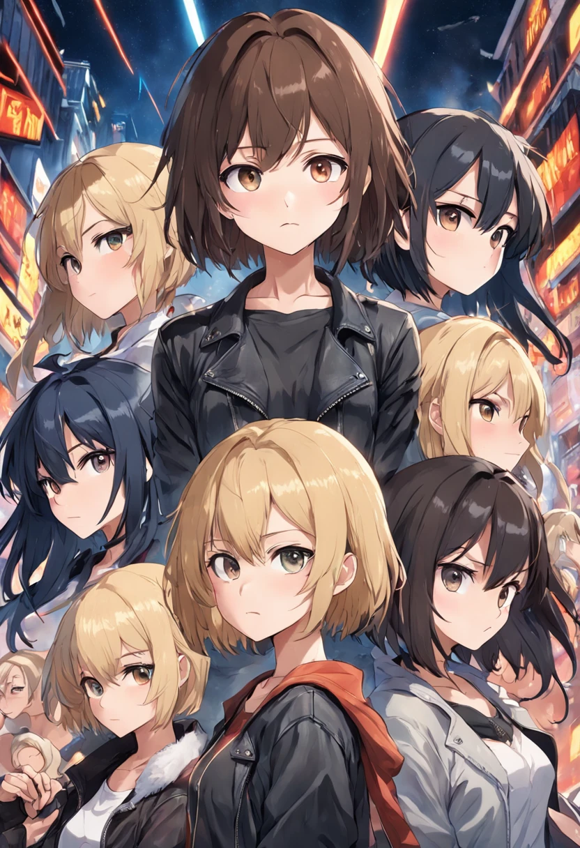 best resolution, halfbody shot, (3heads:1.5),  1 animegirl posing for camera, facial mole,  different hair colors, brown hair, black hair, blonde hair,  different eye colors, short hair, different faces,tanktop,  leather jacket, chap,livingroom background,( Blue Lamia: 1.2)