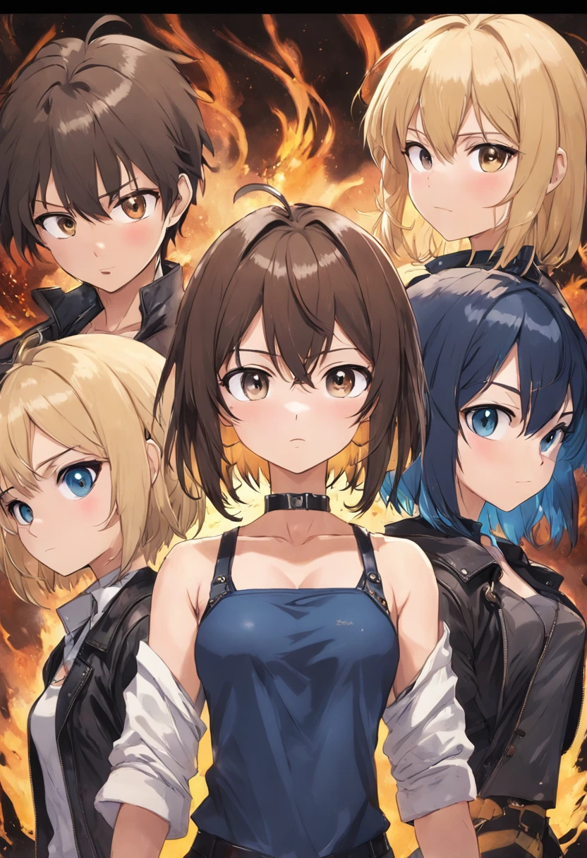 best resolution, halfbody shot, (3heads:1.5), 1 animegirl posing for camera, facial mole, different hair colors, brown hair, black hair, blonde hair, different eye colors, short hair, different faces,tanktop, leather jacket, chap,livingroom background,( Blue Lamia: 1.2)