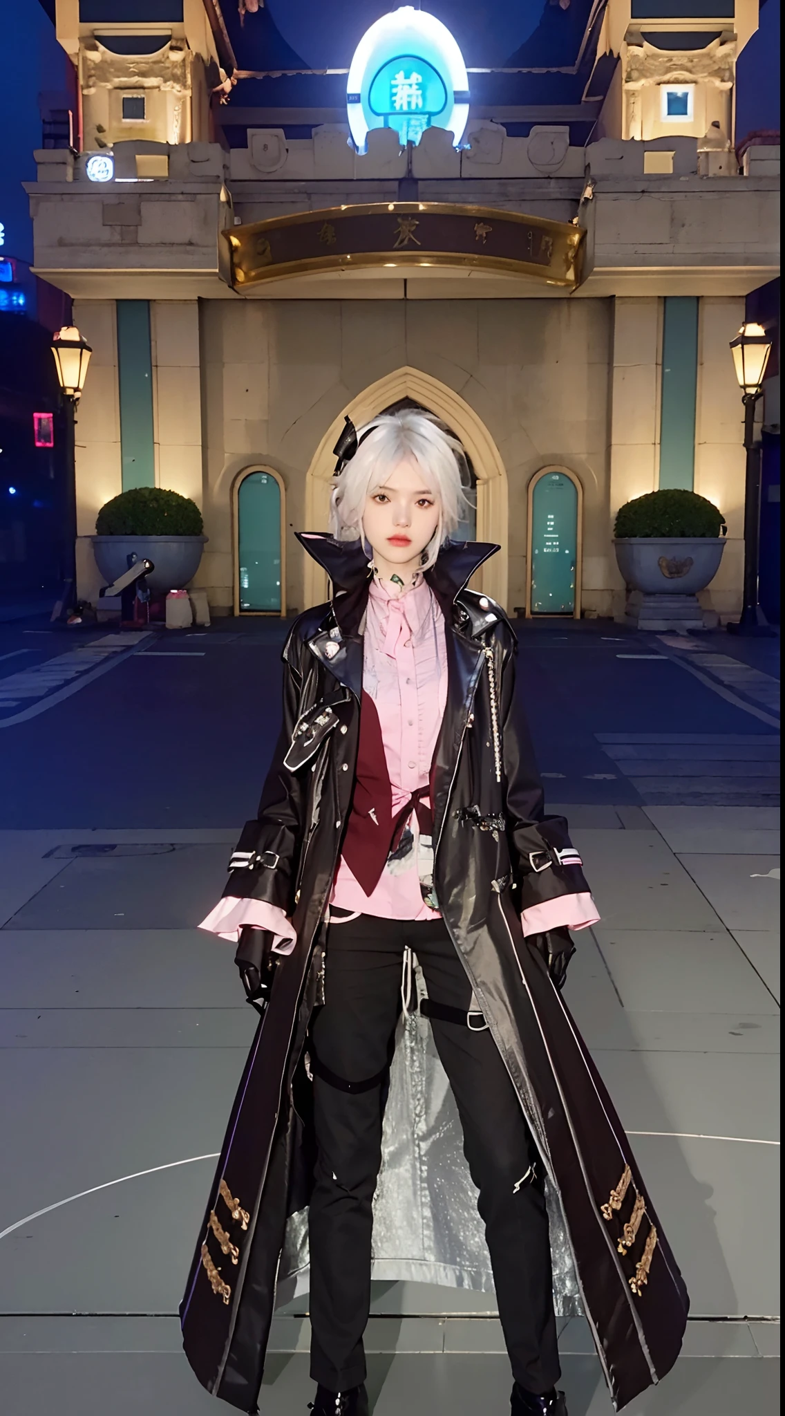 （tmasterpiece， best qualtiy， 1boys，）solo person，sportrait，RAW photogr，Best resolution，8K，lightand shade contrast，Short shaggy black and gray hair，Black eyebrows，Open pink jacket and black vest，Neon black style，Mechanical modification of limbs，mechanical cervical attachment to the neck，filmgrain， color difference，Light and shadow obscure the face，Sharp focus， 动态照明， cinmatic lighting，Blue and purple edge lights，Real photography photos，cyberpunk scene，shadowing，very complex details， realistic raytraicing，facing at the camera， neon light detail，