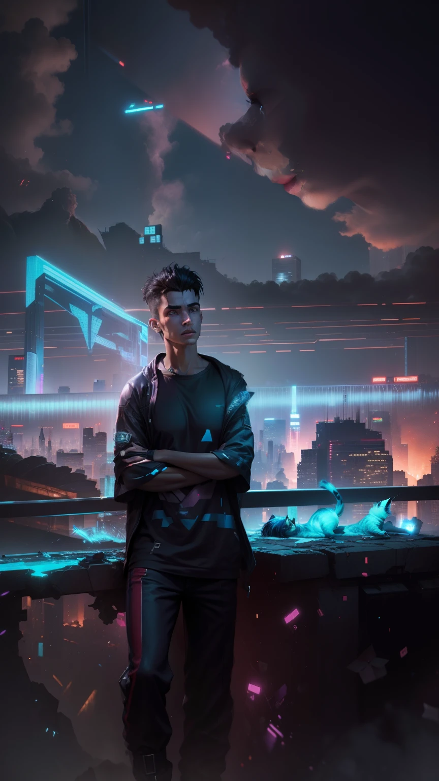 Change background cyberpunk handsome boy with cat.8k resolution ultra realistic