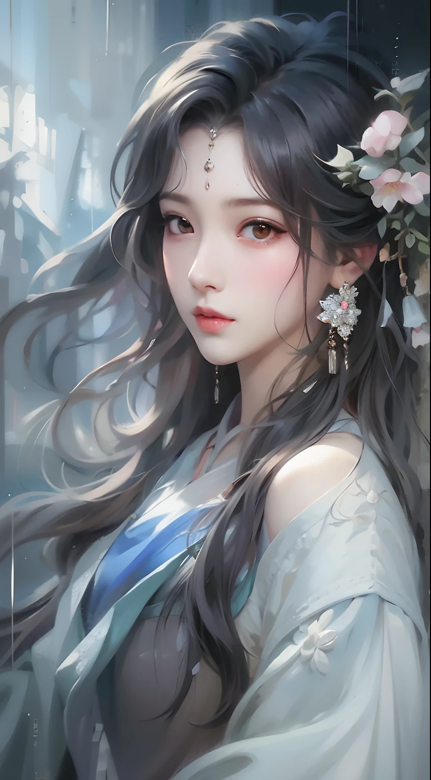 One with long hair,Woman with a flower in her hair, Beautiful character painting, Guviz, Guviz-style artwork, by Yang J, by Ye Xin, author:Chen Lin, By Li Song, author:Zhou Wenjing, a beautiful anime portrait, author:Fan Qi, author:Zhang Han, By Ni Tian, author:Li Fangying, By Leng Mei