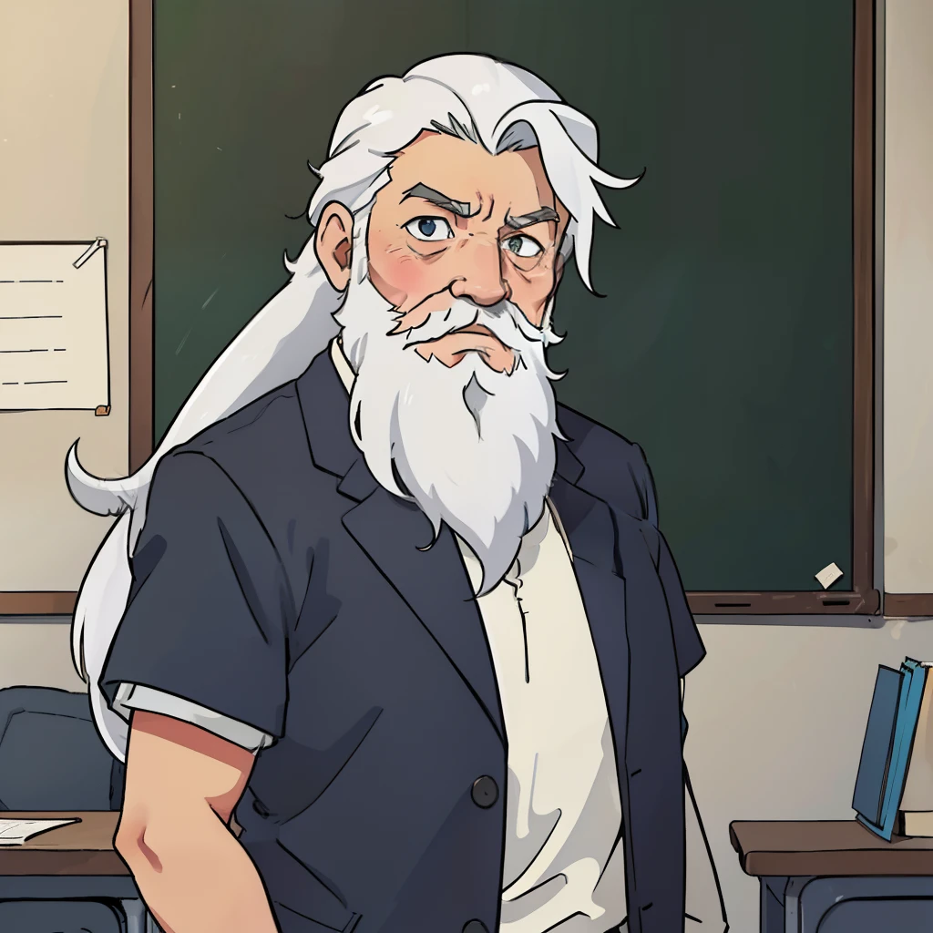 An old man with white hair and a long beard,Stand in the classroom,face expressionless,apathy,Upper body display