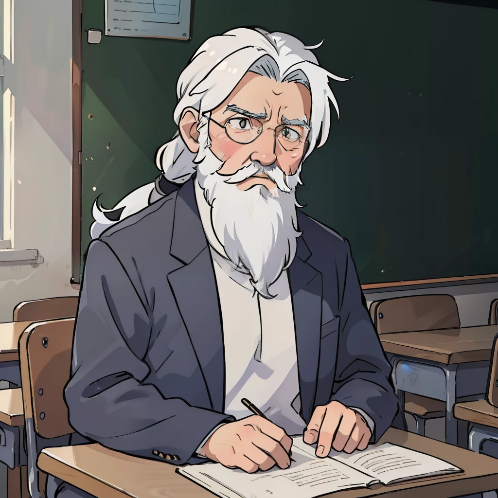 An old man with white hair and a long beard,Stand in the classroom,face expressionless,apathy,Upper body display
