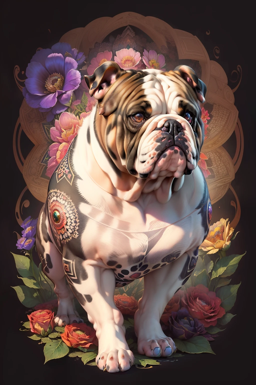 (masterpiece, top quality, best quality, official art, beautiful and aesthetic:1.2), (1bulldog:1.3), extremely detailed,(fractal art:1.1),(colorful:1.1)(flowers:1.3),highest detailed,(zentangle:1.2), (dynamic pose), (abstract background:1.3), (shiny skin), (many colors:1.4), ,(eye:1.4), (fur:1.4)